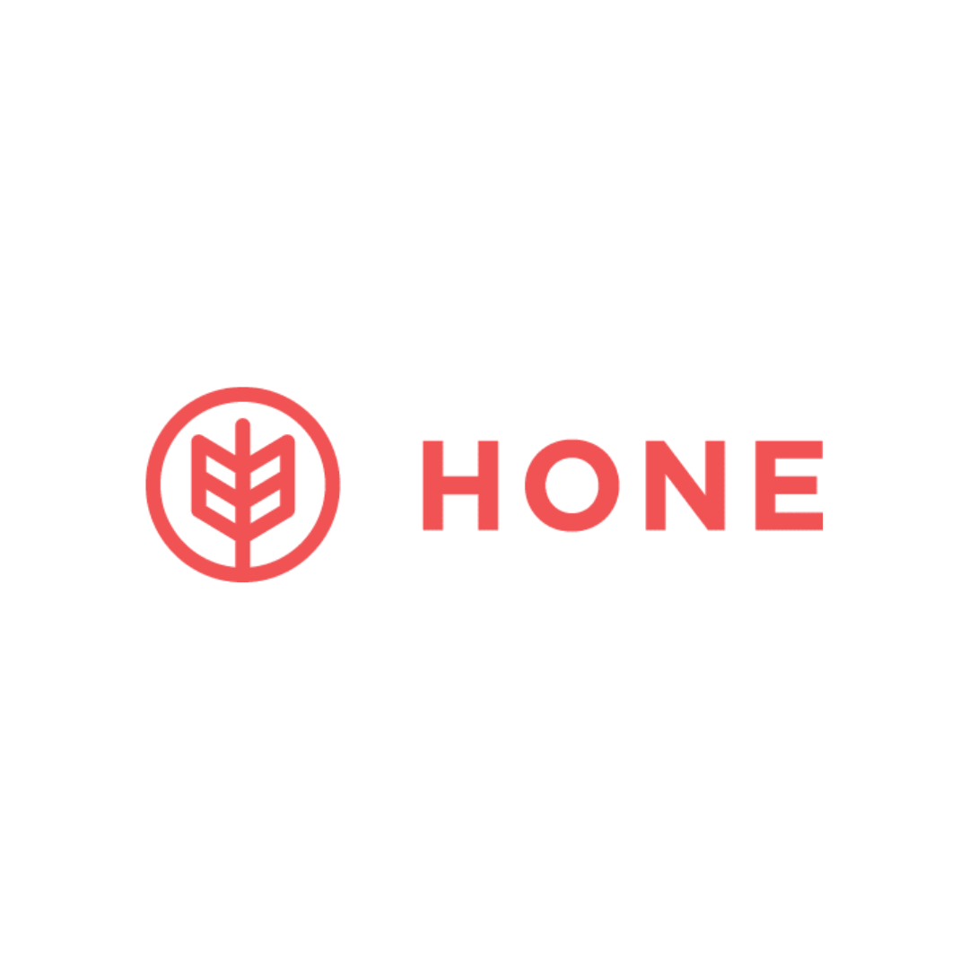 Red logo with a stylized plant within a circle, and the word 'HONE' in red capital letters to the right.