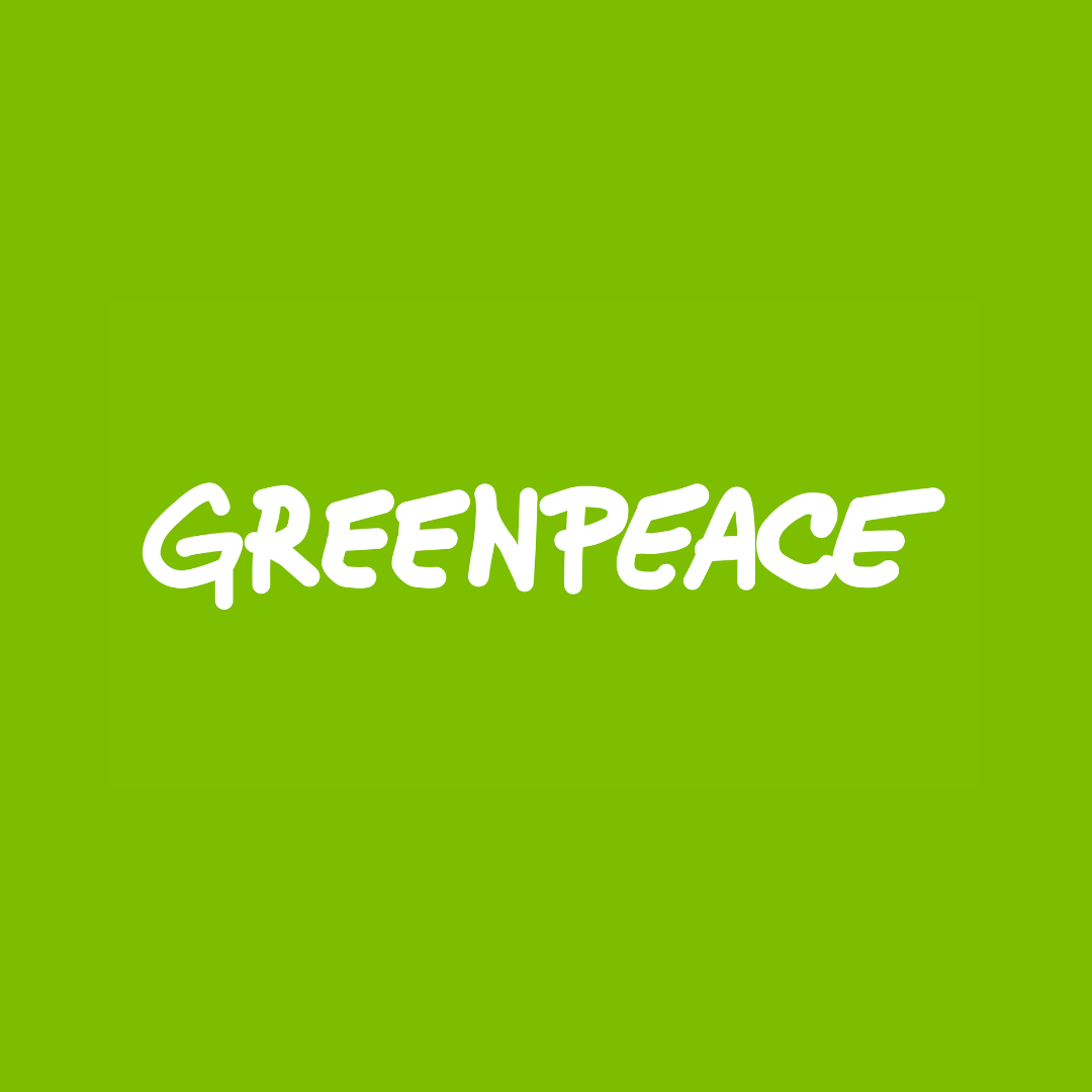 Green background with the word 'GREENPEACE' in white, handwritten-style font.
