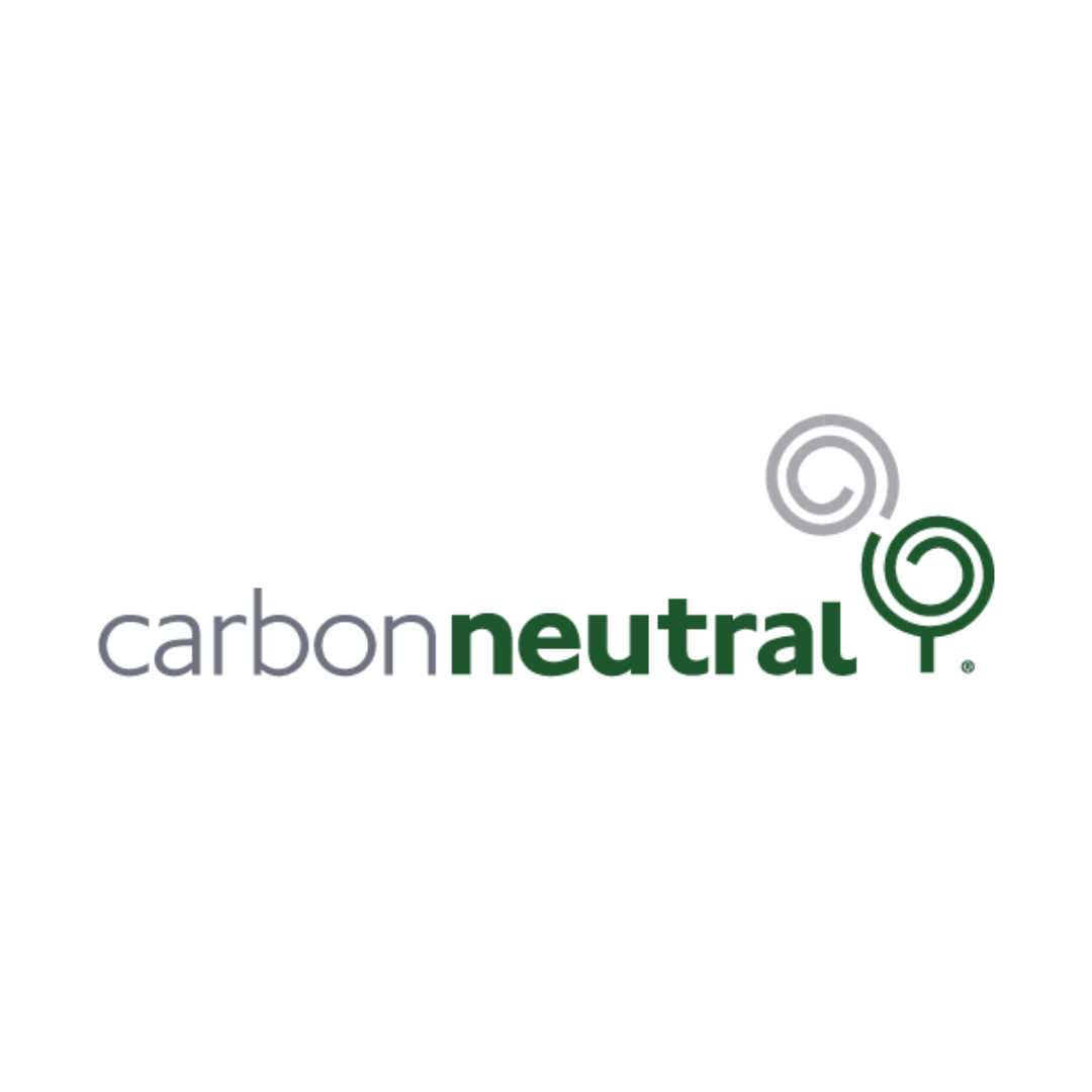 Carbon Neutral logo with green and gray spiral symbols and text.