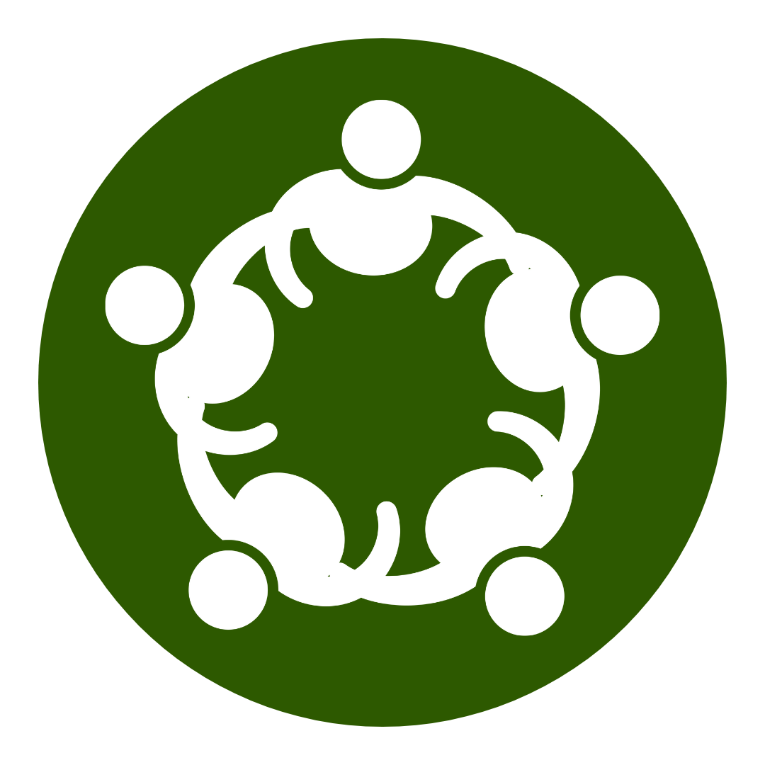 White icon of six people holding hands, forming a circle, set against a dark green circular background.