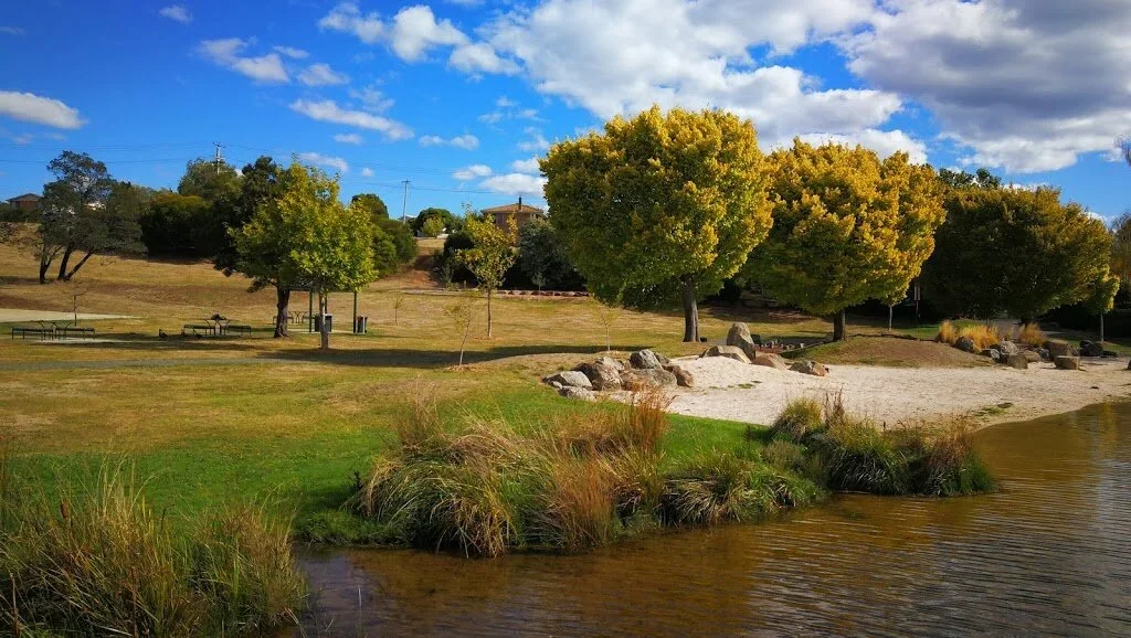 A park with green and brown grass, large trees with green and yellow leaves, a sandy area with rocks, and water in the foreground on a partly cloudy day.