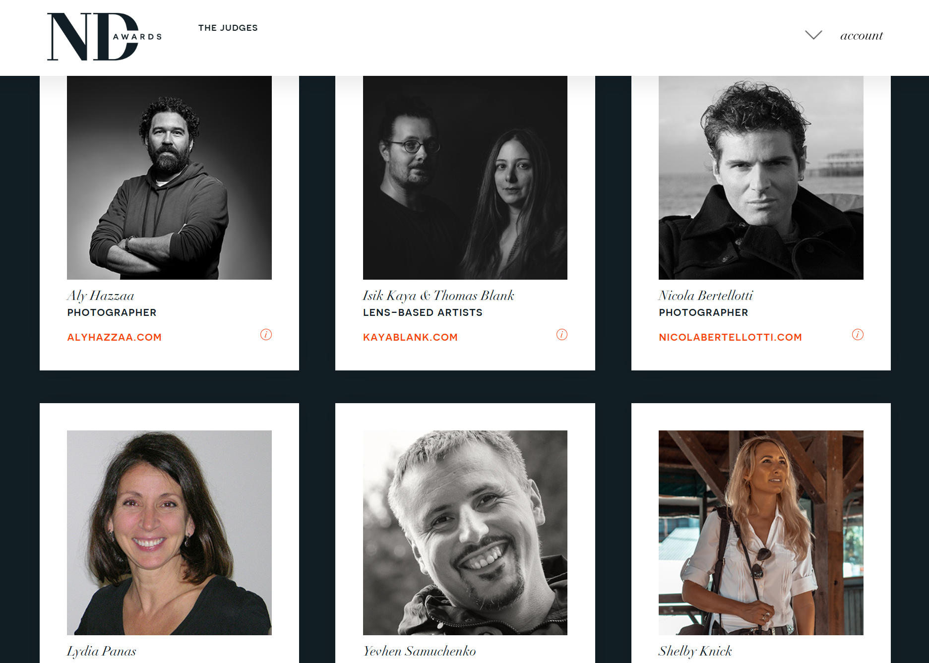 Web page showing black and white headshot portraits of various judges and artists with their names, titles, and websites listed below each image.