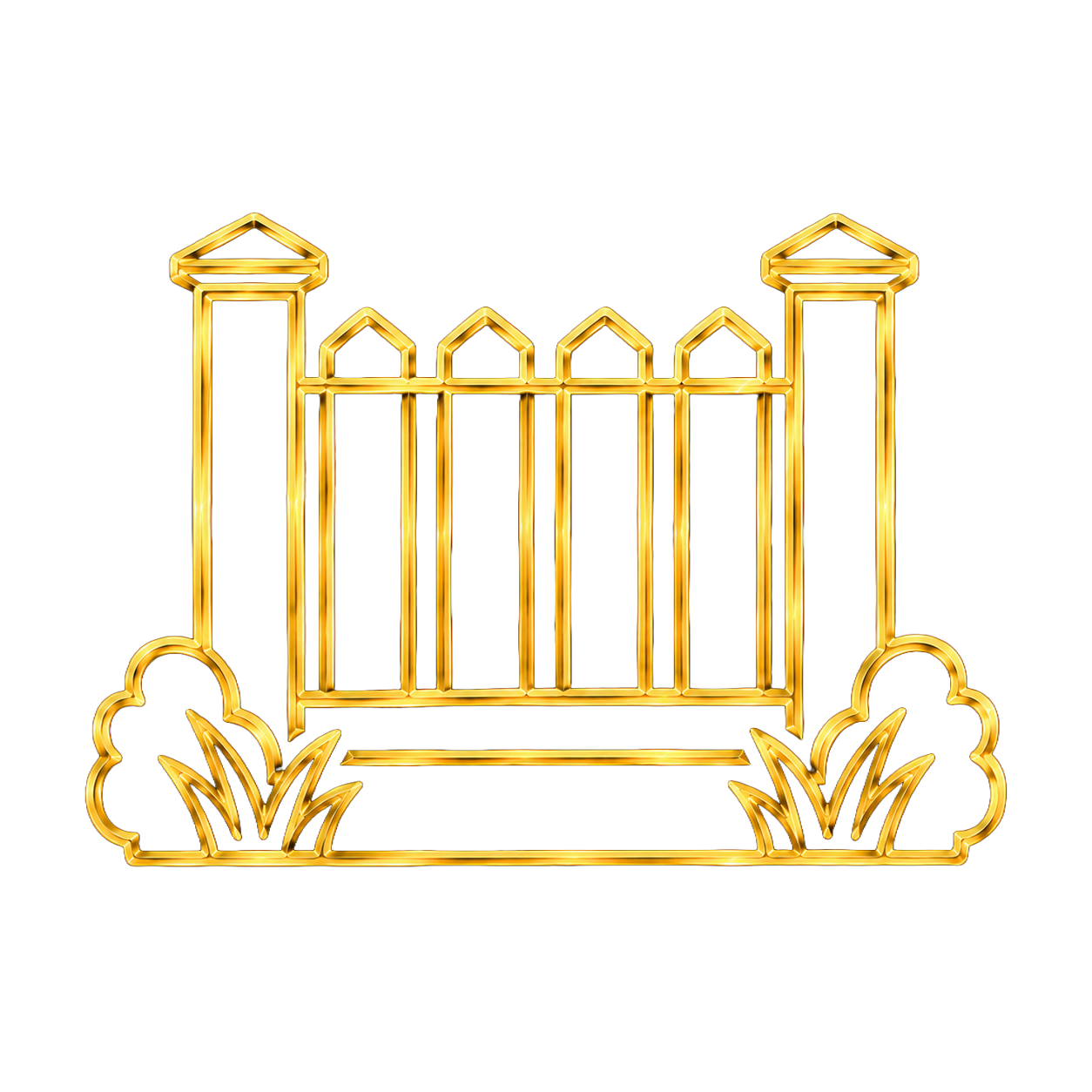 Neon gold-colored fence with bushes on each side against a black background.