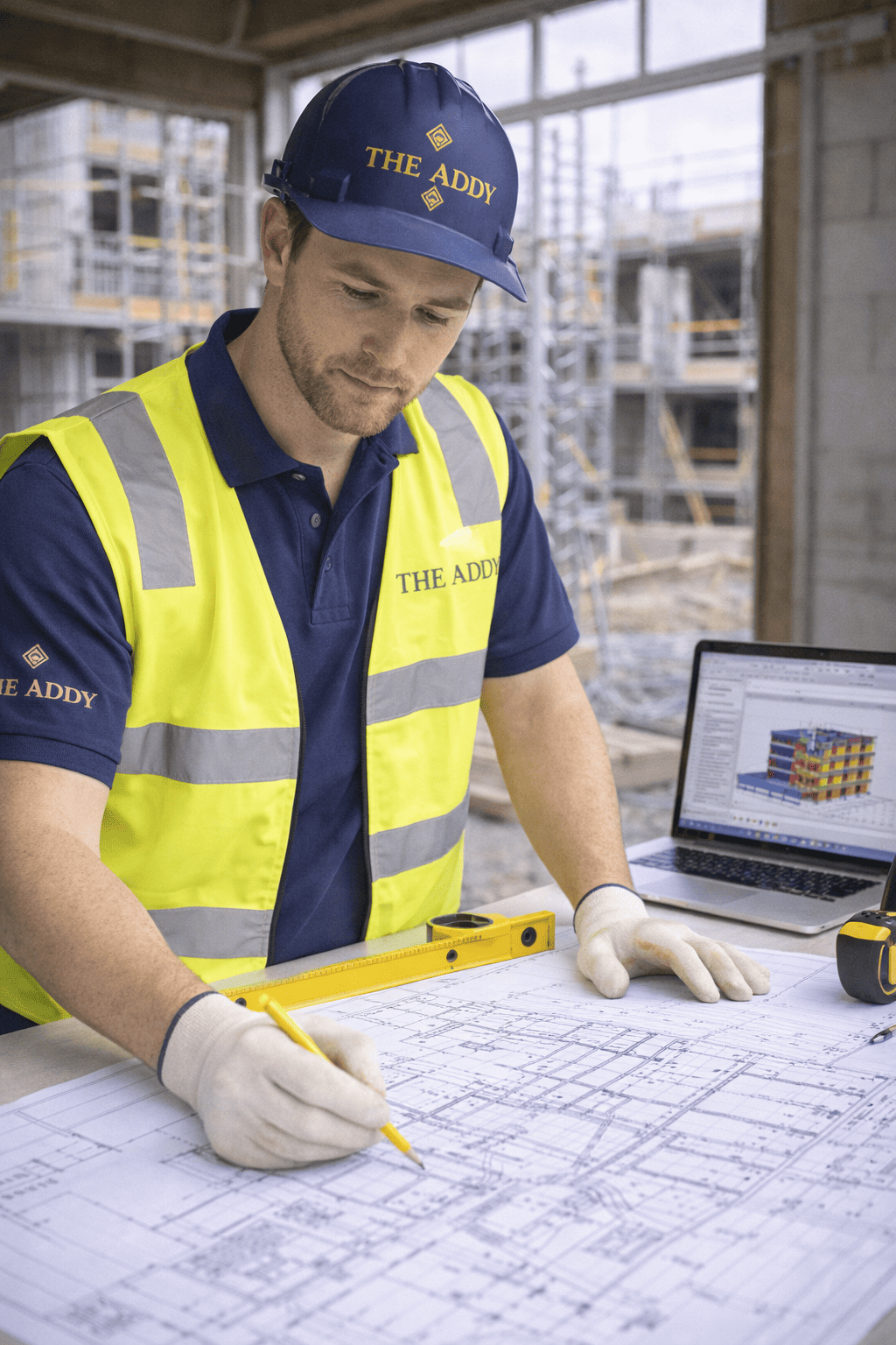 A construction worker wearing a blue hard hat and yellow safety vest inspects blueprints at a construction site. There is a laptop displaying a 3D building model and a measurement tape on the table.