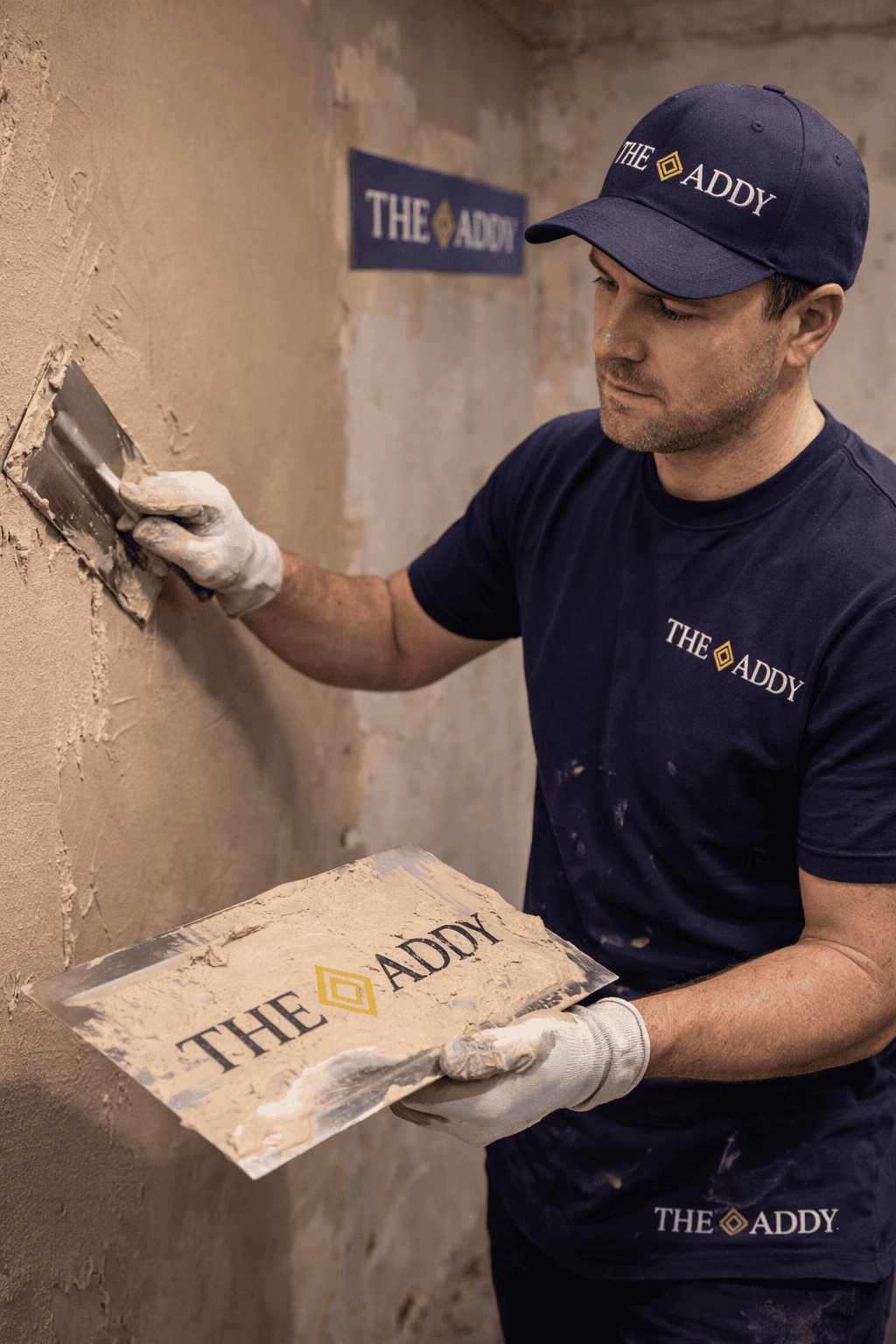 A construction worker wearing a navy blue cap and matching T-shirt with 'THE ADDY' logo is smoothing a wall with a trowel, holding a sign with the same logo.