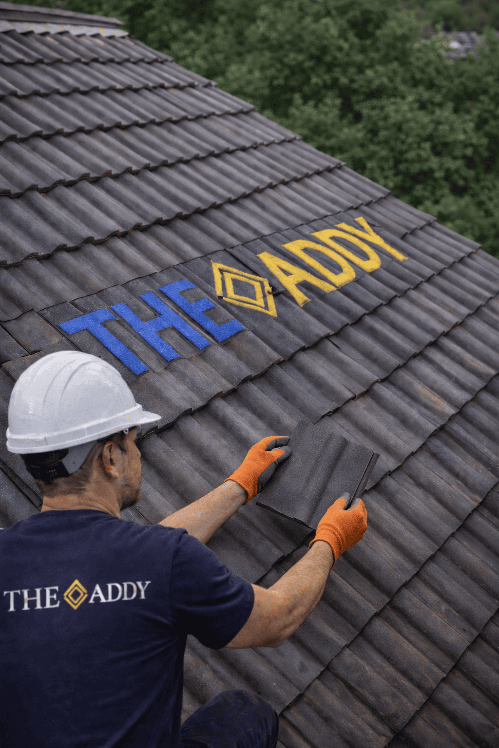 A worker in a construction helmet and orange gloves is painting the words "THE ADDY" in blue and yellow on a tiled roof, with trees in the background.