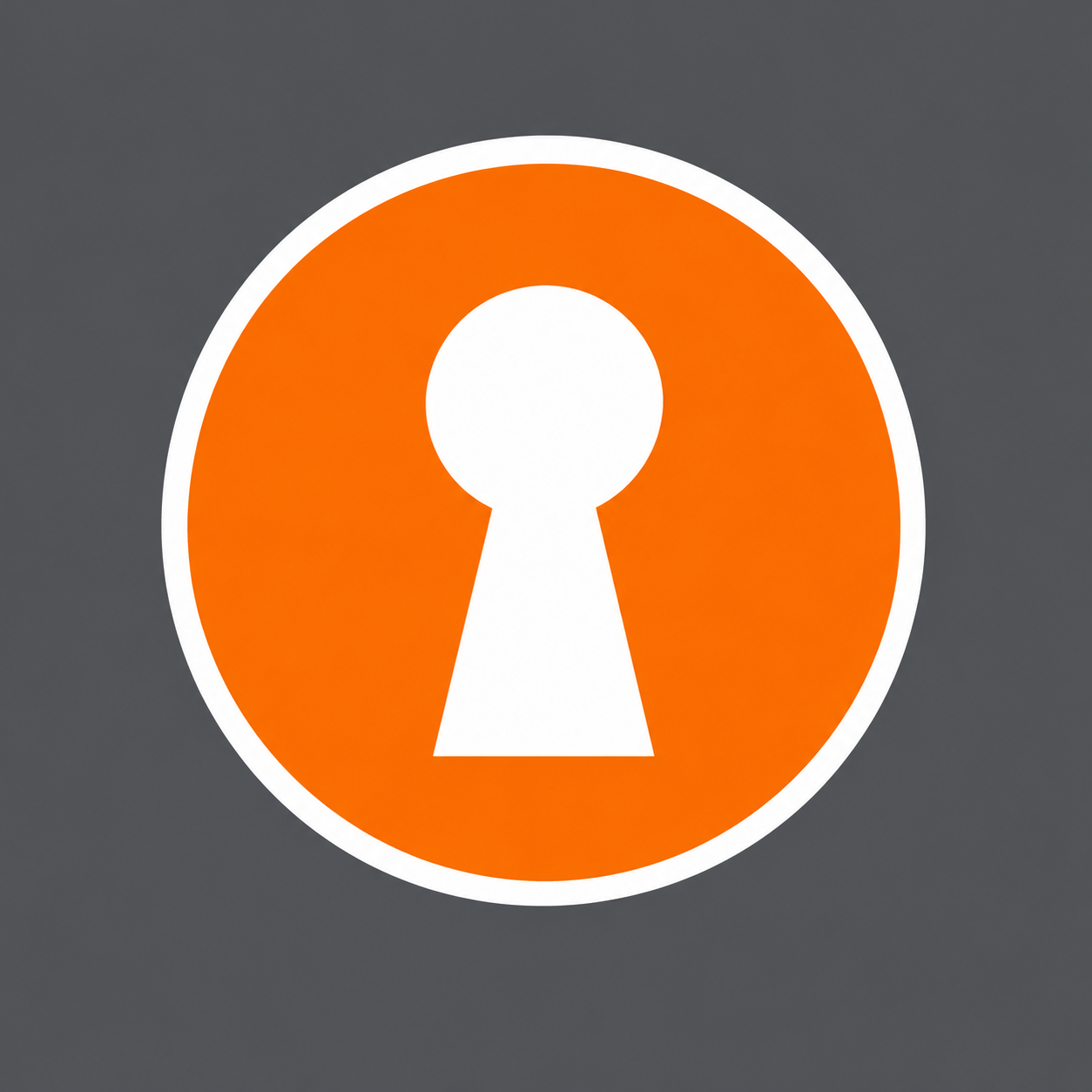 Close-up of a circular orange sign with a keyhole symbol, mounted on a dark gray background.
