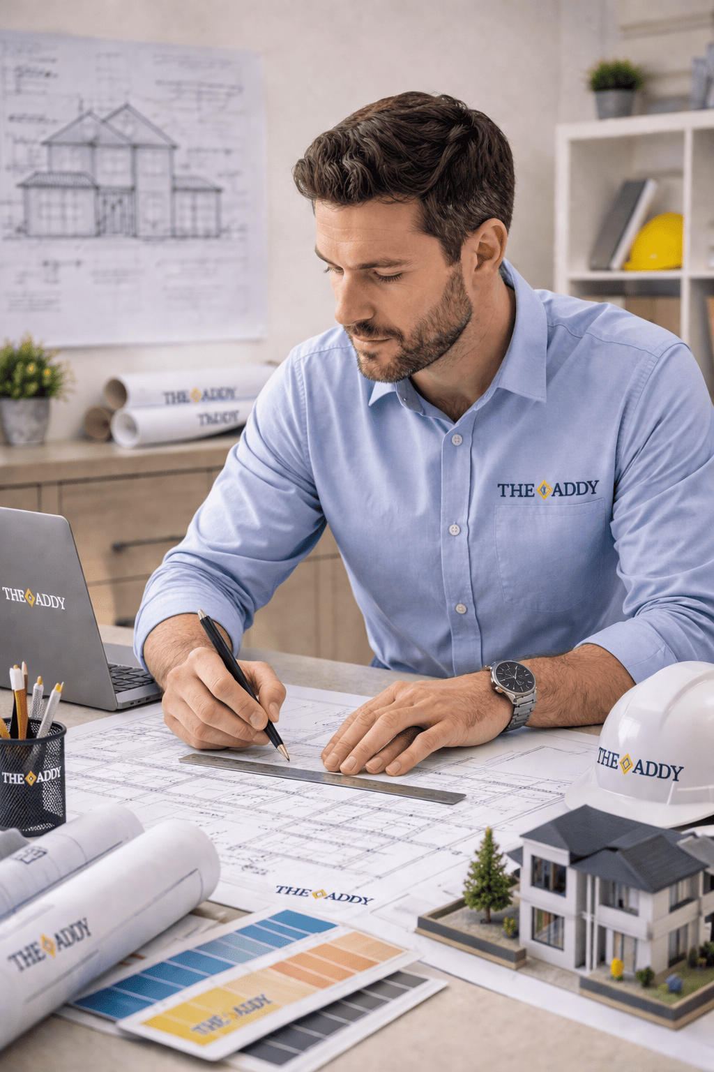A man working at a desk with architectural plans, a miniature house model, a hard hat, and color swatches, all branded with 'The Addy' logo, in an office or design studio.
