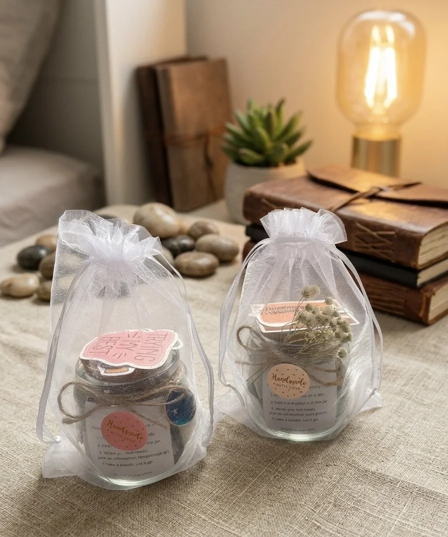 Two small gift jars wrapped in white organza with pink and white labels, placed on a beige tablecloth with decorative stones, books, a lamp, and a potted succulent in the background.