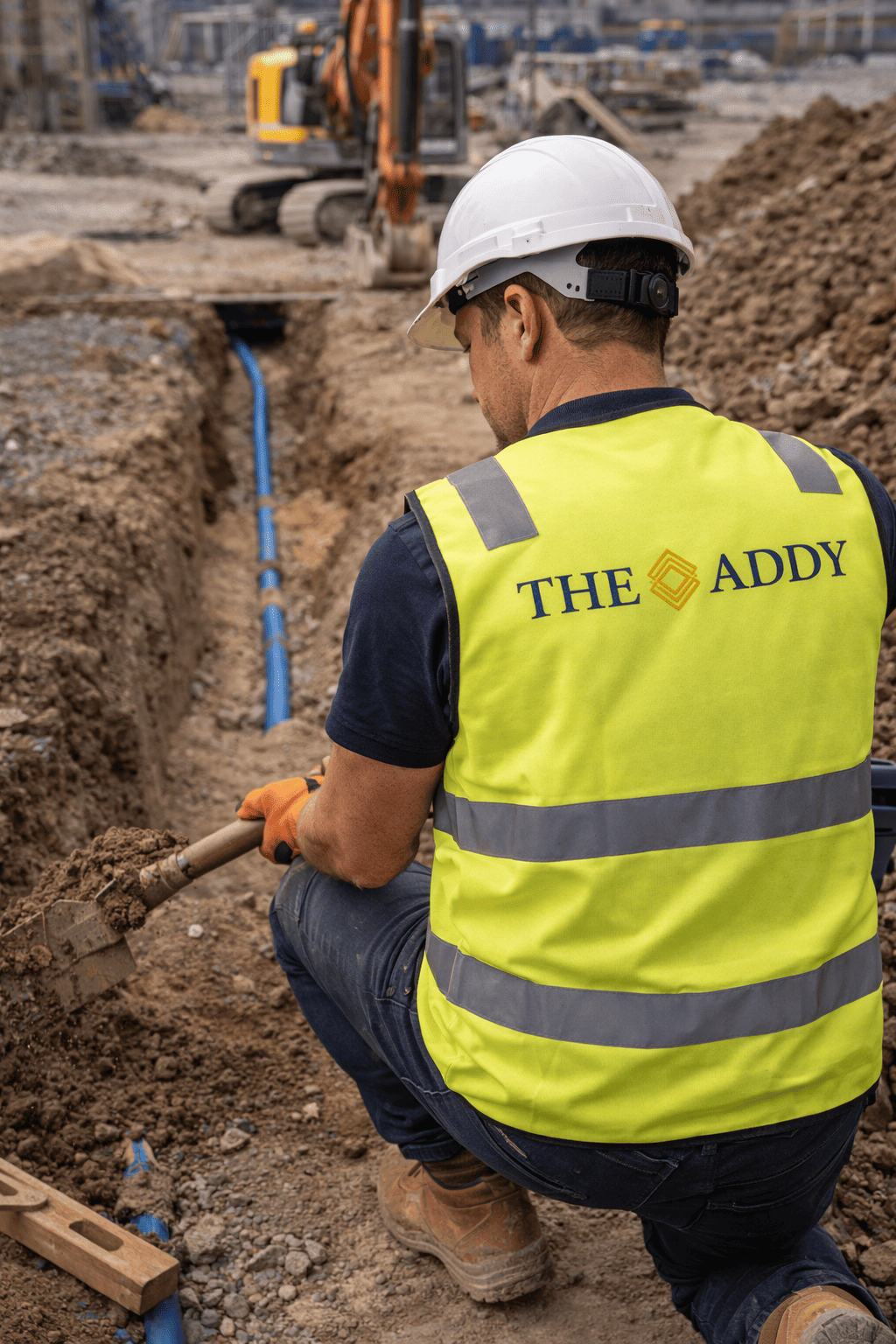 A construction worker kneeling in a trench on a construction site, holding a shovel, with blue pipes visible in the trench. The worker wears a white hard hat, a yellow safety vest with 'THE ADDY' printed on the back, and orange gloves.