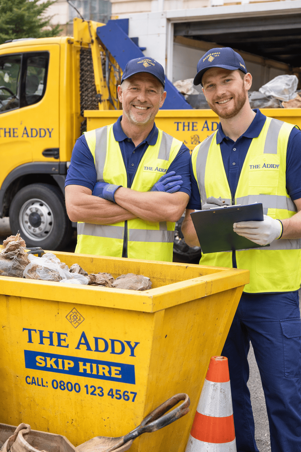 Two smiling male workers in yellow safety vests and blue uniforms stand in front of a yellow waste recycling bin labeled "The Addy Skip Hire". The man on the right holds a clipboard, and there is a yellow truck with the same branding in the background.