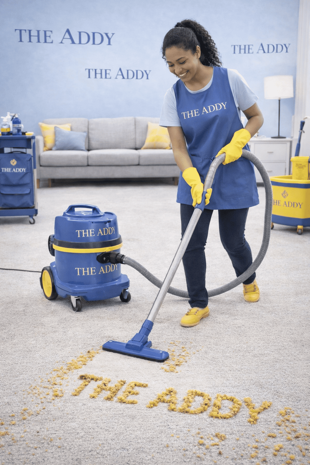A woman wearing yellow gloves and a blue apron labeled "The Addy" vacuums a light-colored carpet where yellow grains spell out "THE ADDY" on the floor. The room has a blue wall with "THE ADDY" written multiple times, a sofa with yellow and blue pillows, and various cleaning supplies and machines labeled "The Addy" in the background.