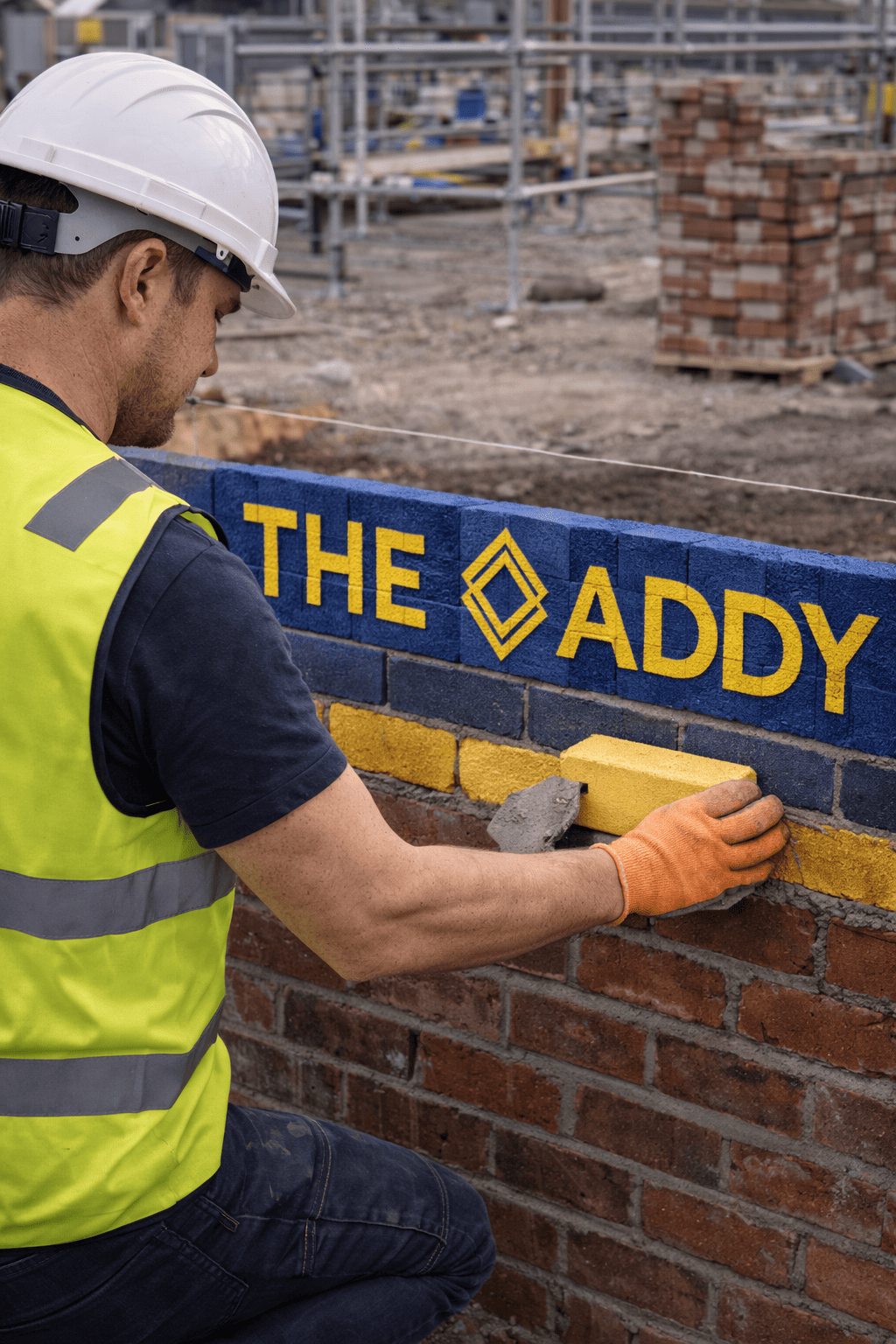A construction worker in a yellow safety vest and white helmet painting a brick wall blue with the words 'THE DADDY' in yellow letters.