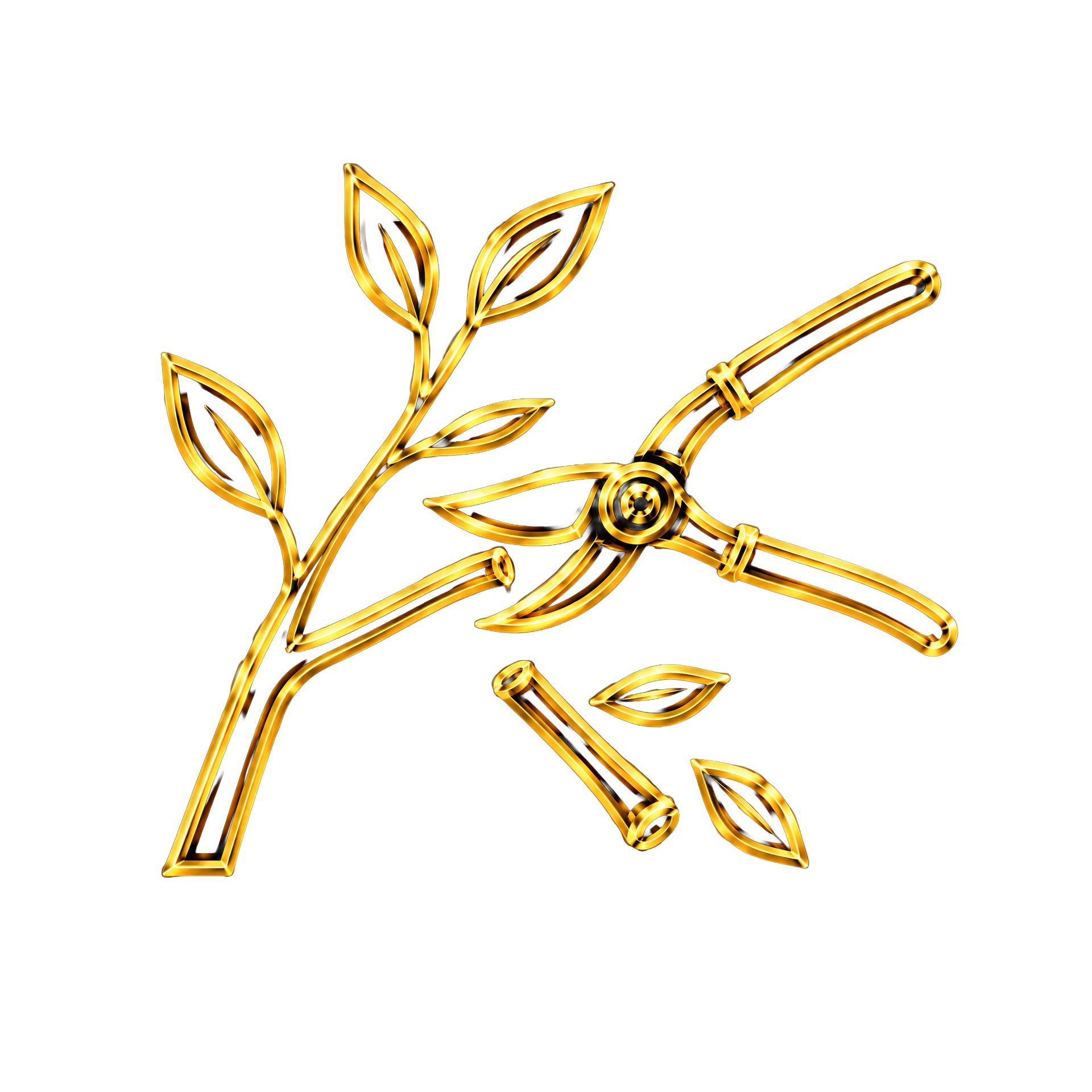 Neon artwork of a decorative garden shear and plant with leaves, illuminated in gold on a black background.