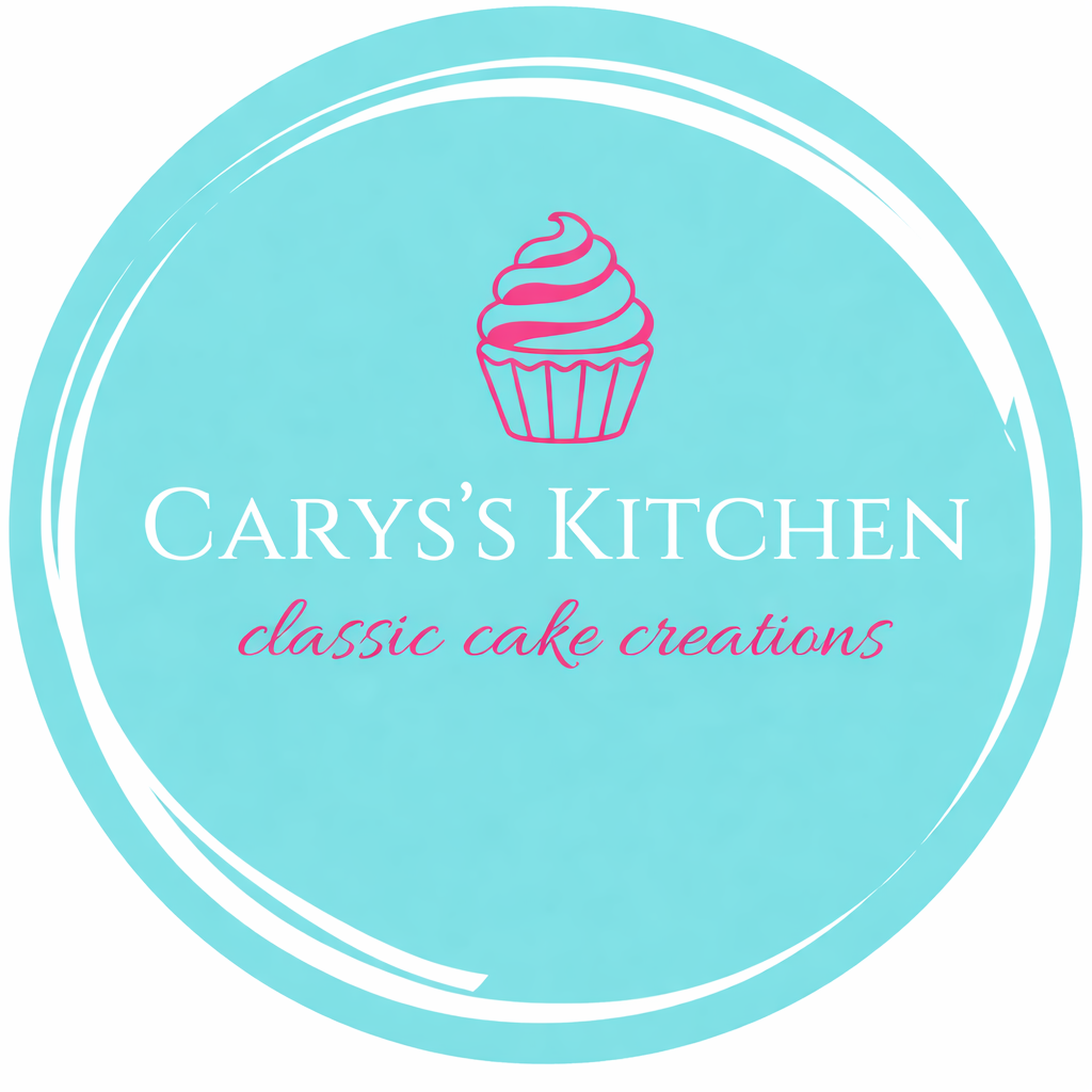 Logo for Cary's Kitchen with a pink cupcake icon above the text, on a light blue circular background. Text reads "Cary's Kitchen" in white and "classic cake creations" in pink script.