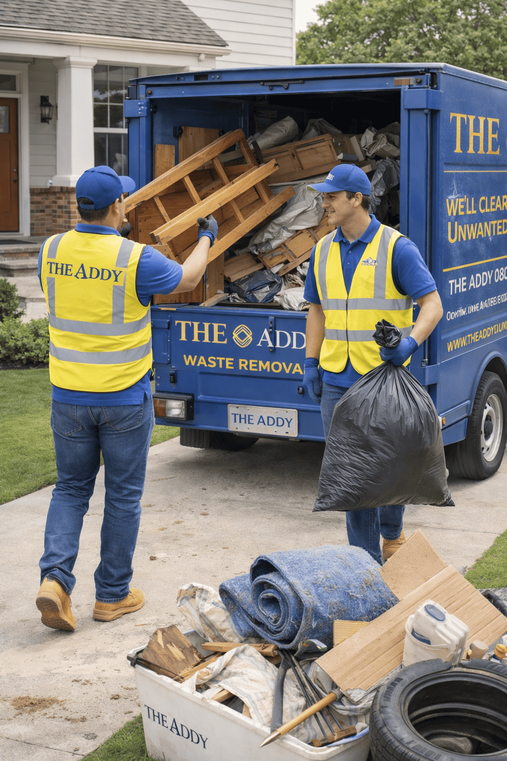 Two workers in yellow safety vests and blue shirts loading household items into a blue waste removal truck parked outside a house. One worker is handling wooden furniture, while the other holds a black trash bag. There is a bin filled with trash and household items on the ground.