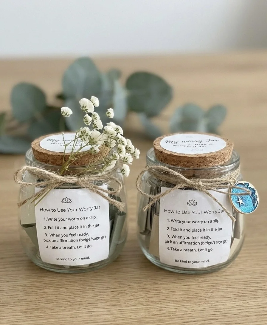 Two small glass jars with cork lids, wrapped with twine, holding positive affirmation notes and small white flowers, placed on a wooden surface with a eucalyptus branch in the background.