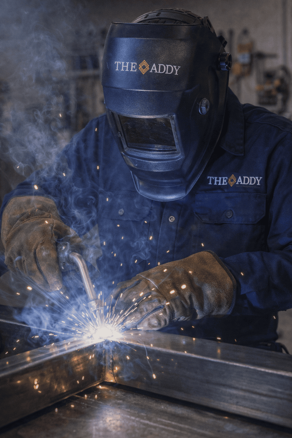 A person welding metal, wearing a protective helmet with the label 'THE ADDY' and gloves, sparks flying from the welding process.