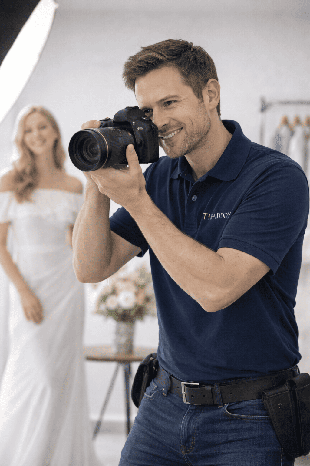 Photographer taking pictures of a bride during a photoshoot, with wedding dress and floral arrangement in the background.