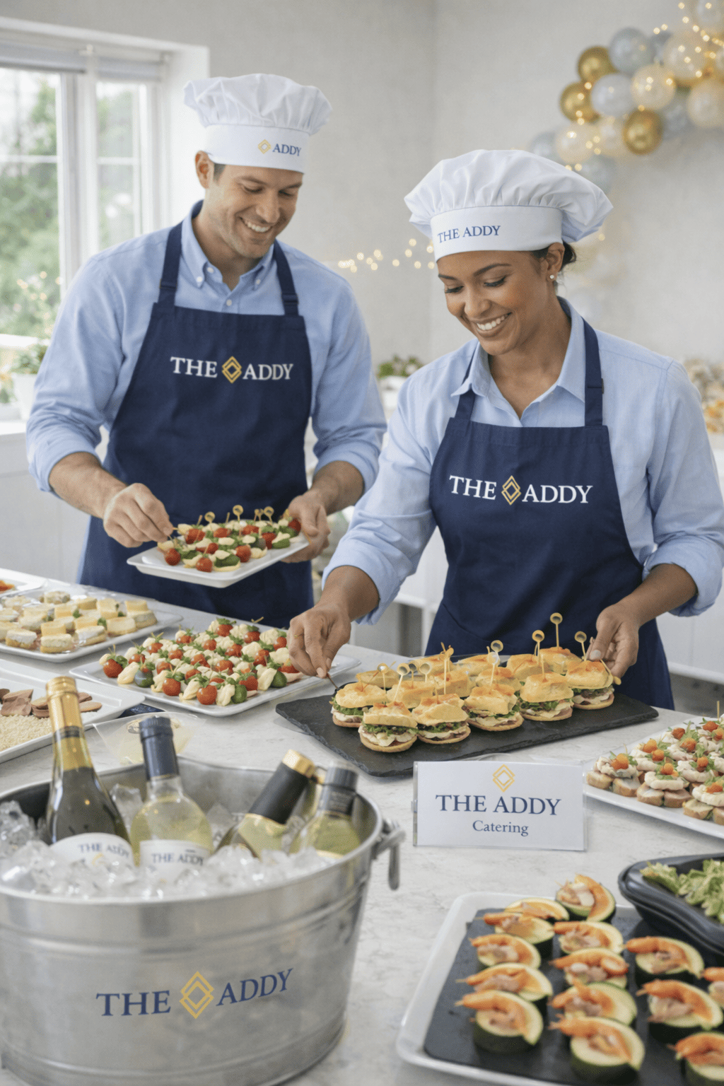 Two catering staff members wearing aprons and chef hats preparing and serving appetizers and finger foods at a catered event with a sign that reads 'The Addy Catering' on the counter.