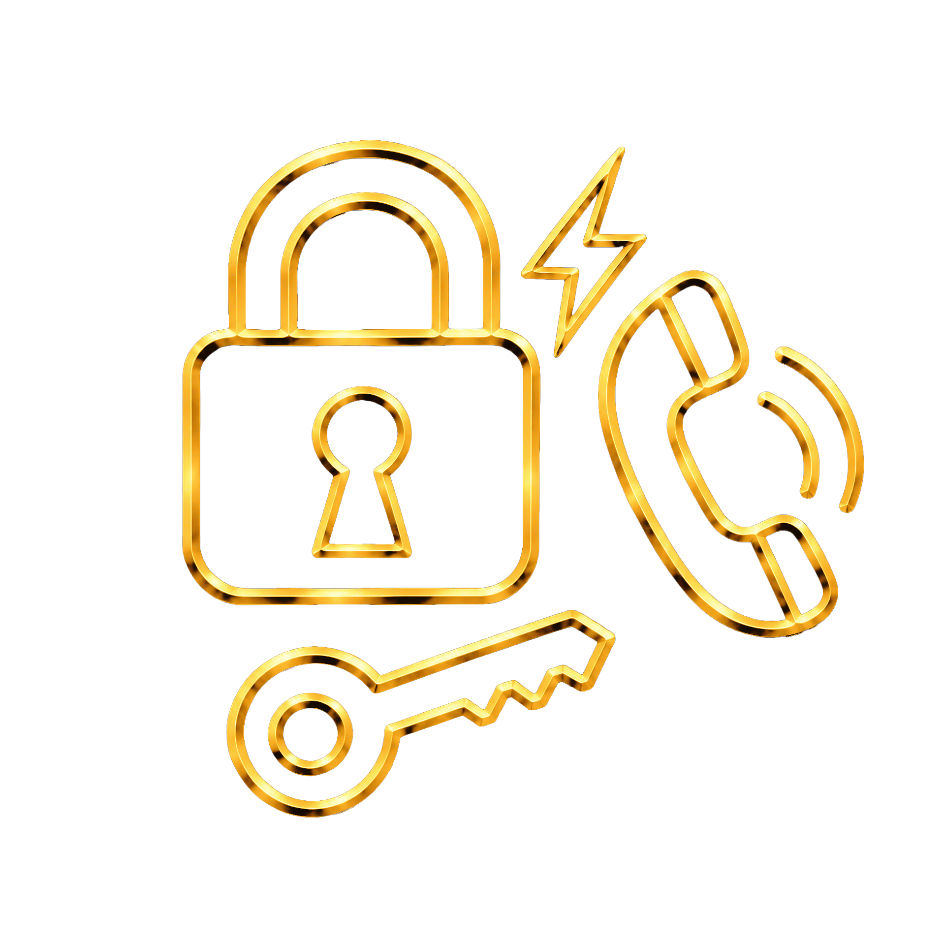 Neon-style gold outline of a padlock, a lightning bolt, a megaphone, and a gear on a black background.