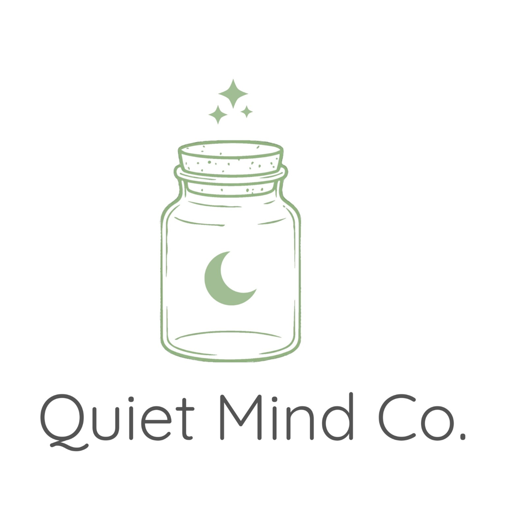 Logo for Quiet Mind Co. with a minimalistic illustration of a mason jar containing a crescent moon and stars above, in soft green tones.