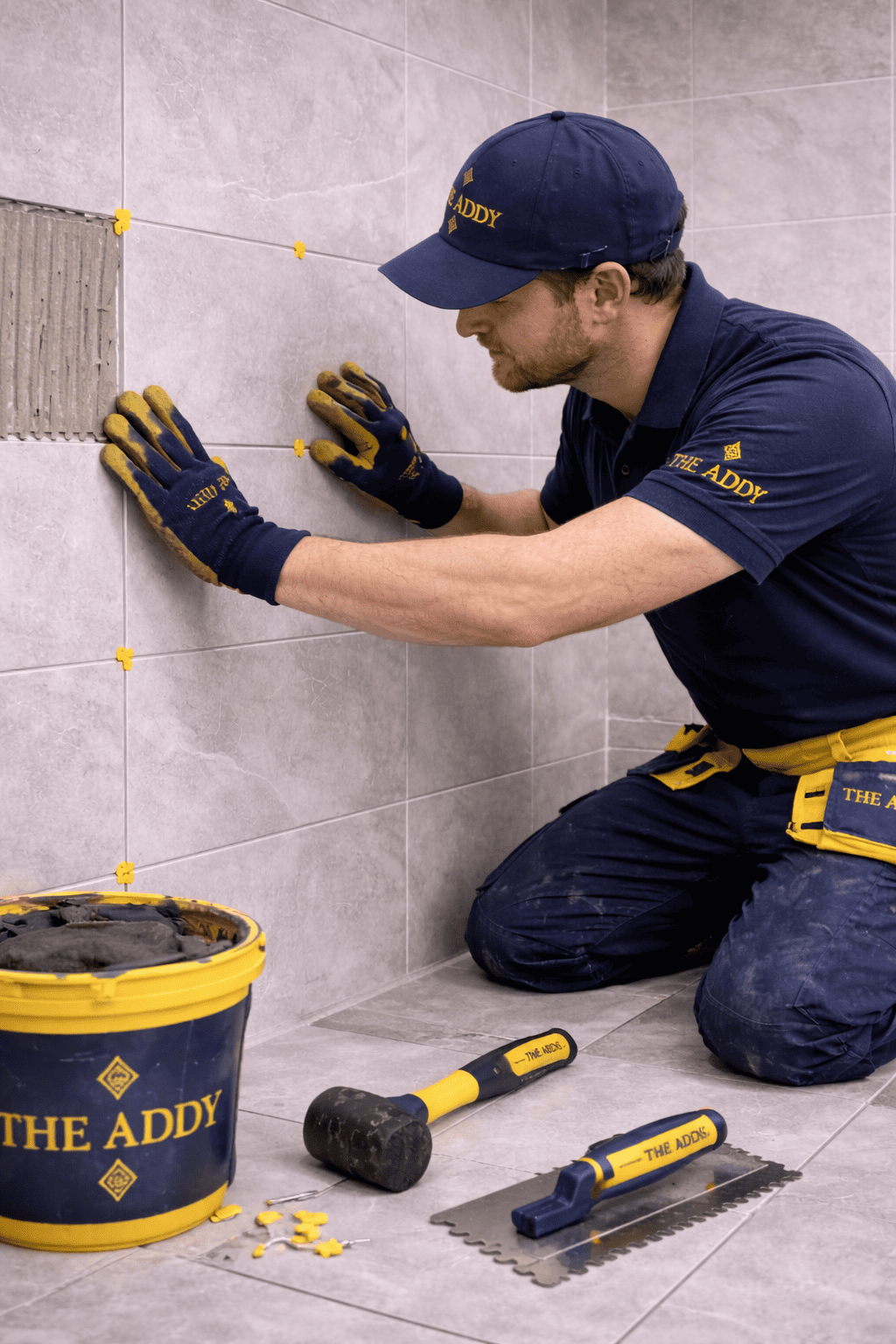 A man kneeling on the floor installing tile on a wall, using trowels and wearing gloves and a uniform with yellow and blue branding.