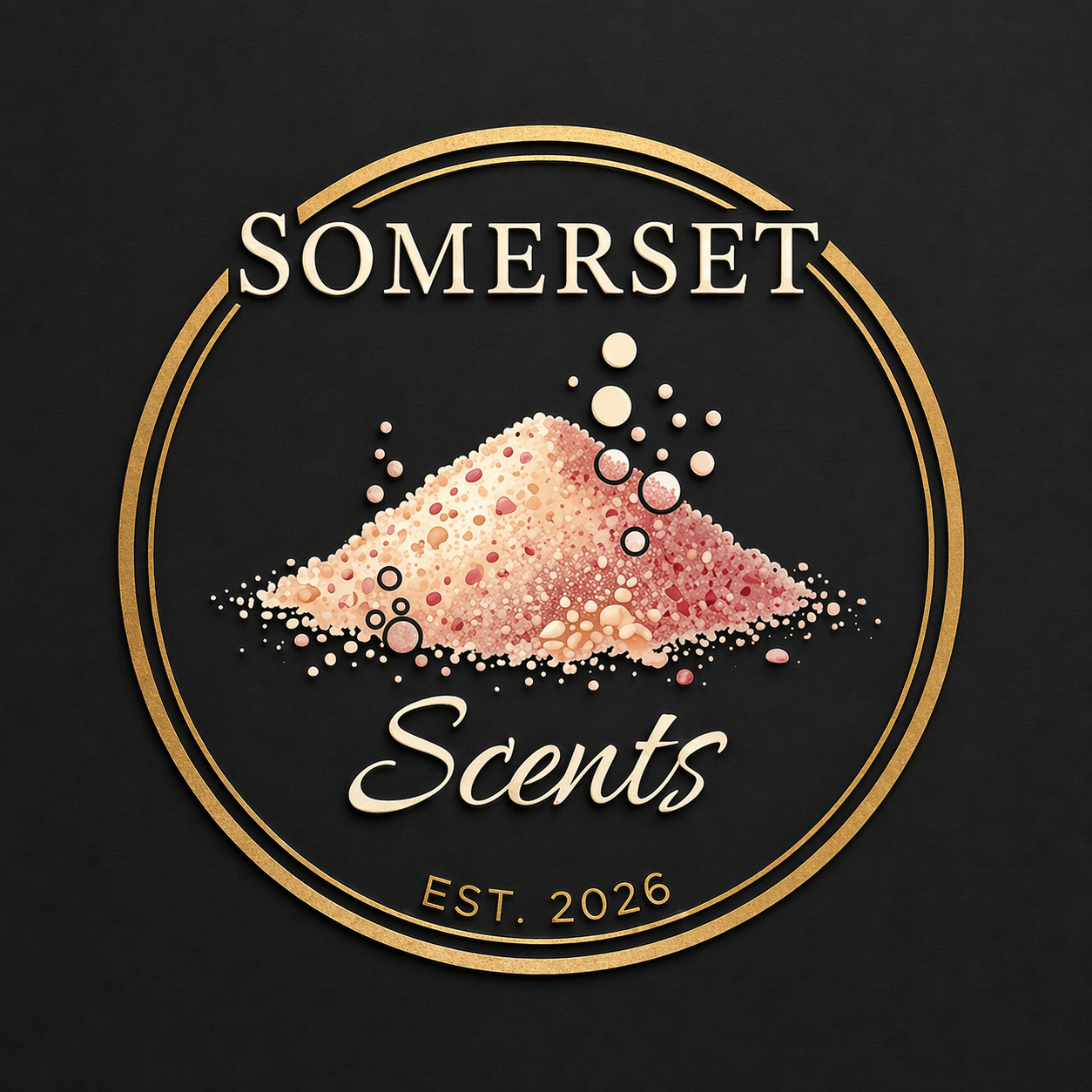 Somerest Scents logo with a black background, gold circle border, pink and cream colored scent description symbol, EST. 2026 text.