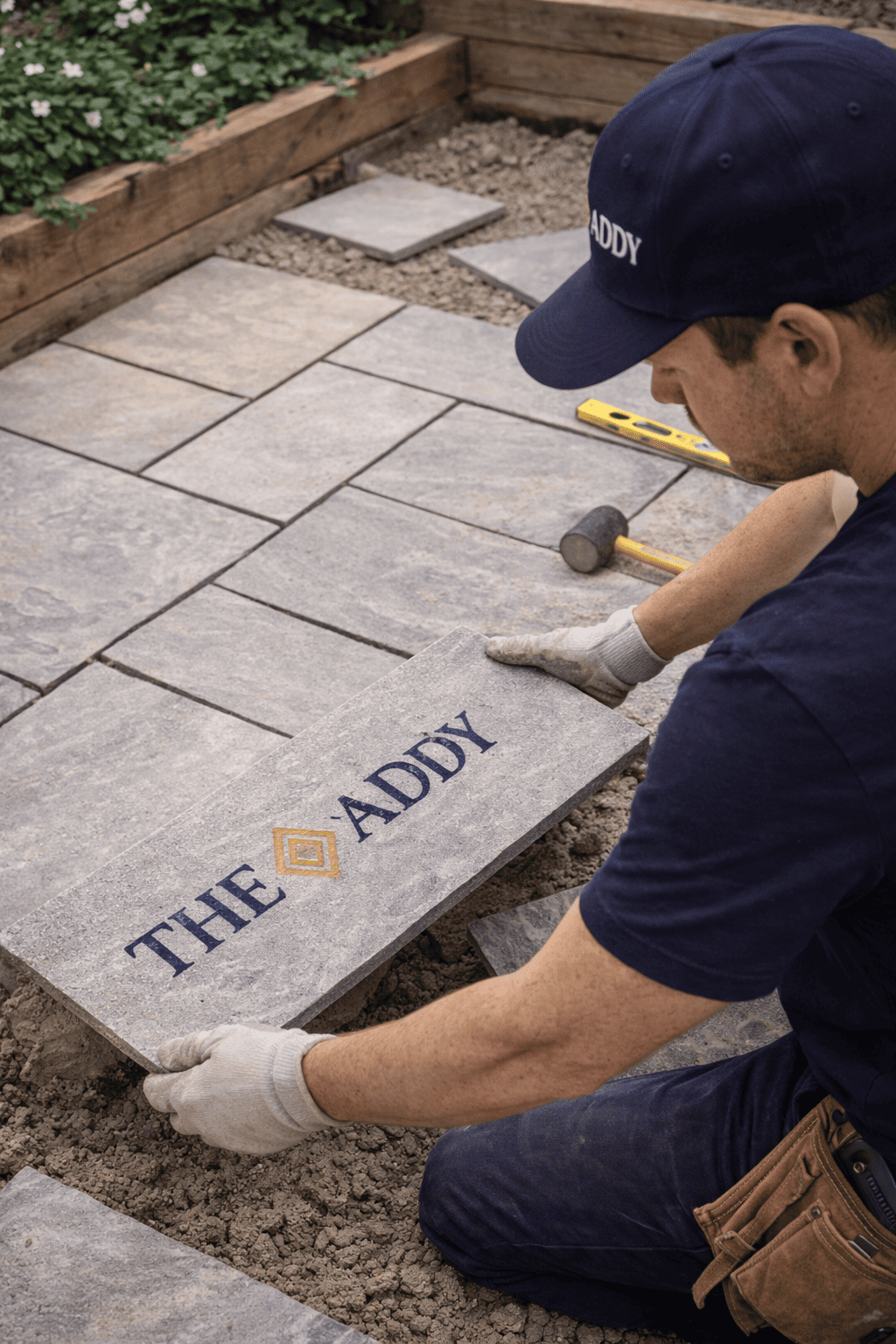 A man kneels on the ground positioning a stone paver that reads 'THE ADDY' in a garden with wooden border and plants.