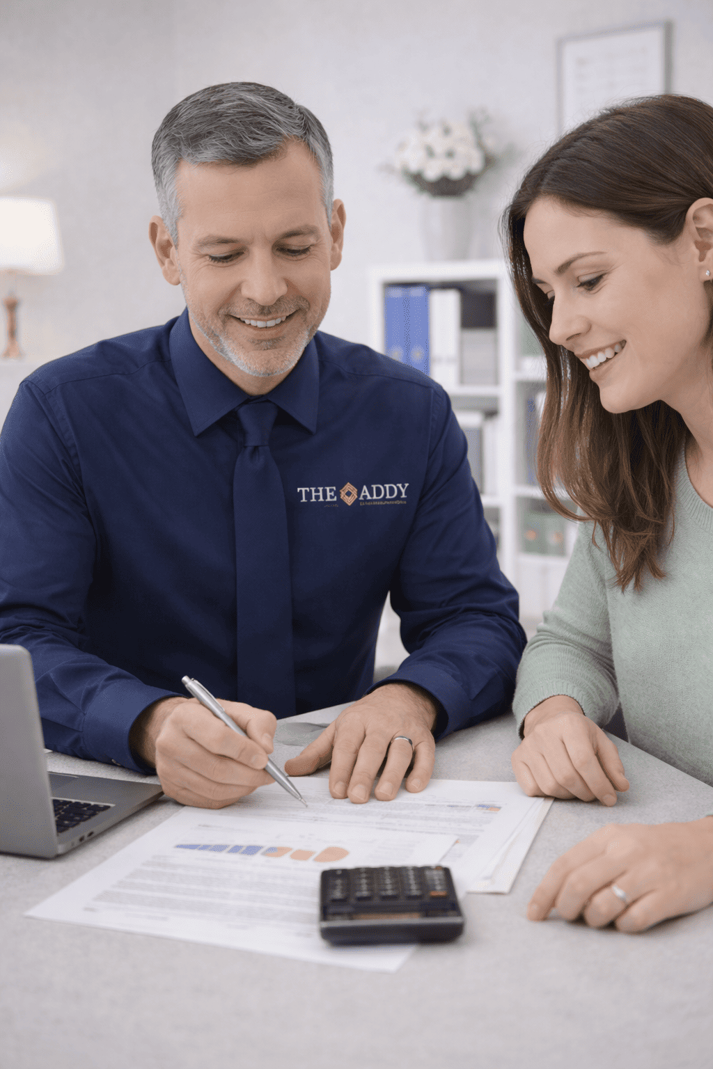 A financial advisor and a woman reviewing documents at a table, smiling, with a laptop and calculator in view.