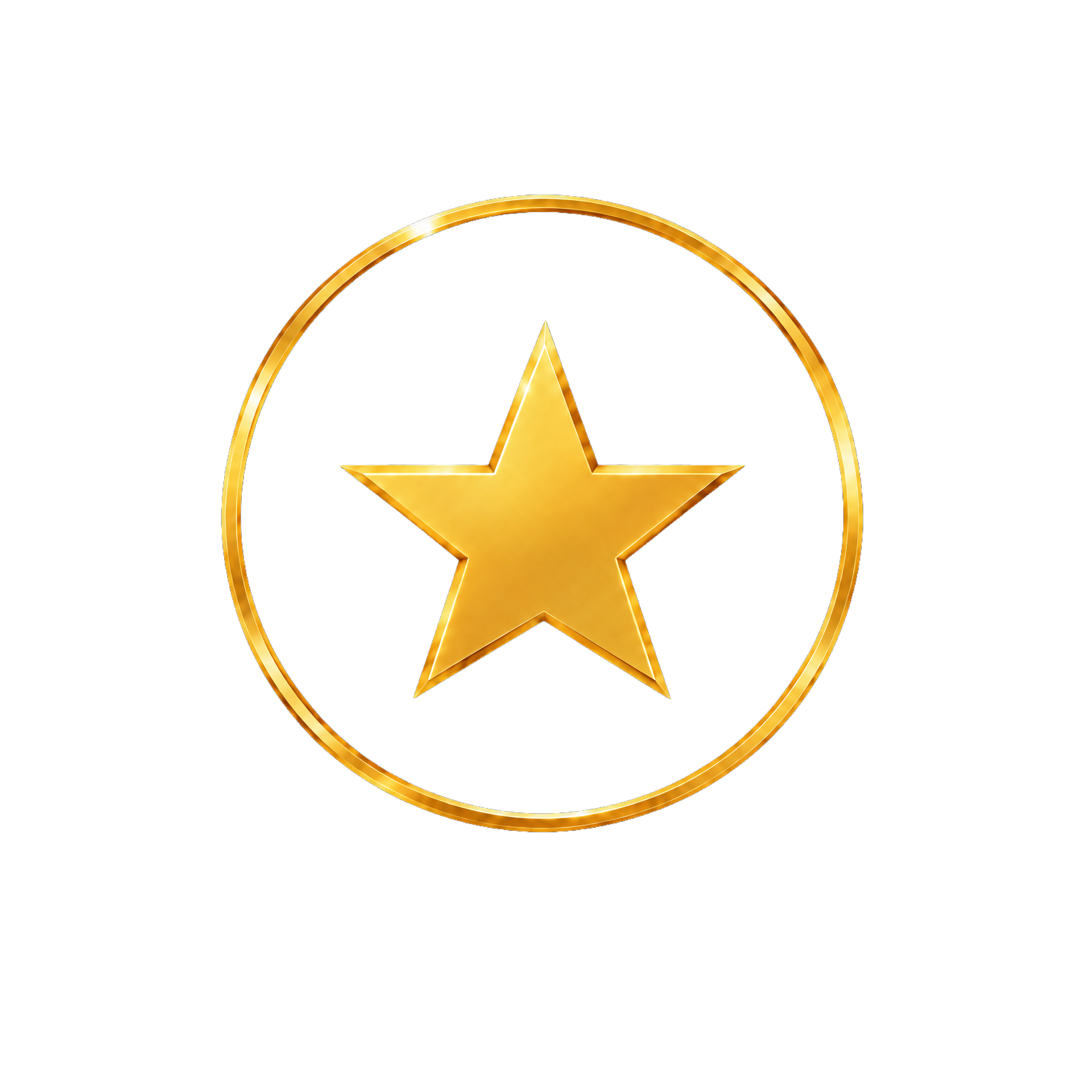 Black background with a large, gold, five-pointed star inside a gold circle, illuminated with shiny, glossy effects.