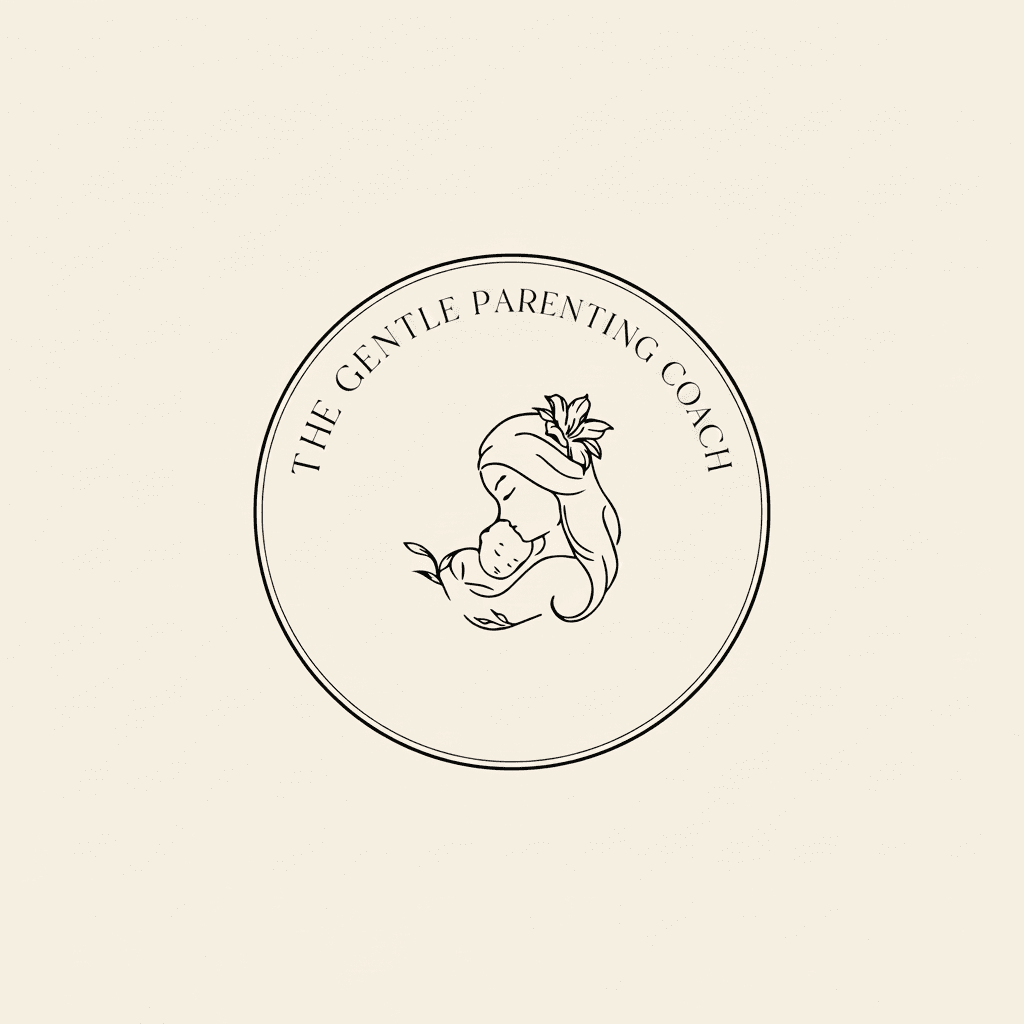 A circular logo with a drawing of a mother holding a baby, surrounded by the text "The Gentle Parenting Coach."