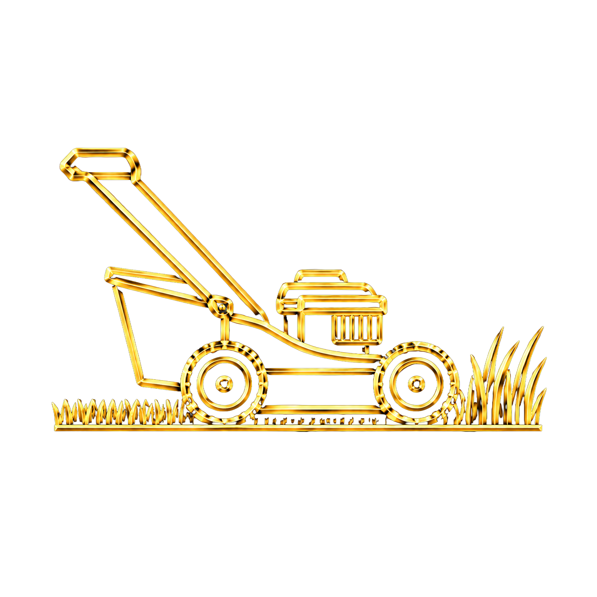 Neon outline of a lawn mower cutting grass with a bright yellow glow on a black background.