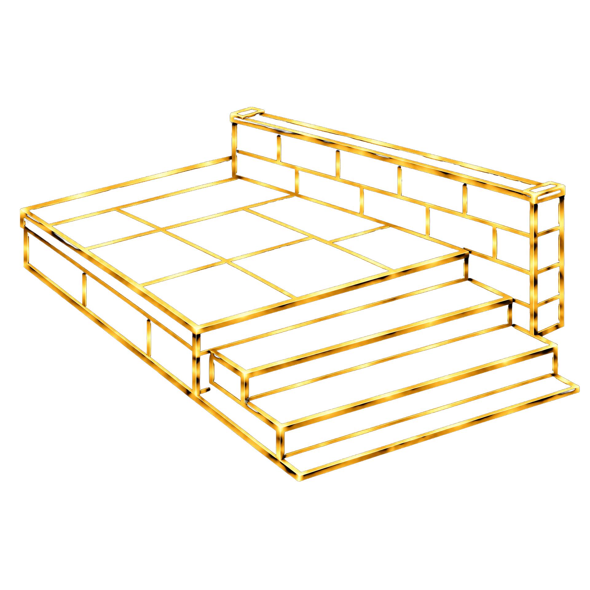 Digital gold neon outline of a brick wall and a foundation with a black background.