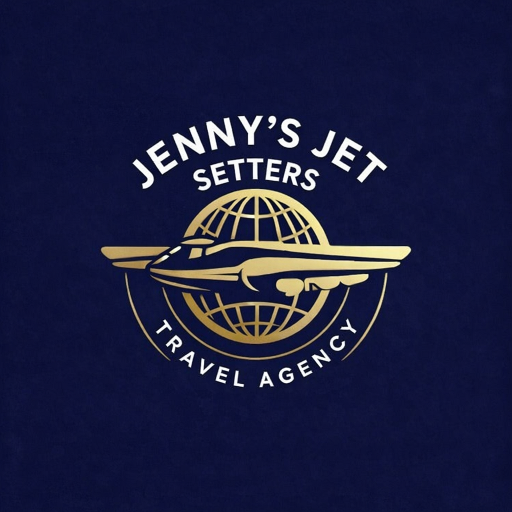 Logo for Jenny's Jet Setters Travel Agency featuring a gold airplane flying over a globe on a dark blue background.