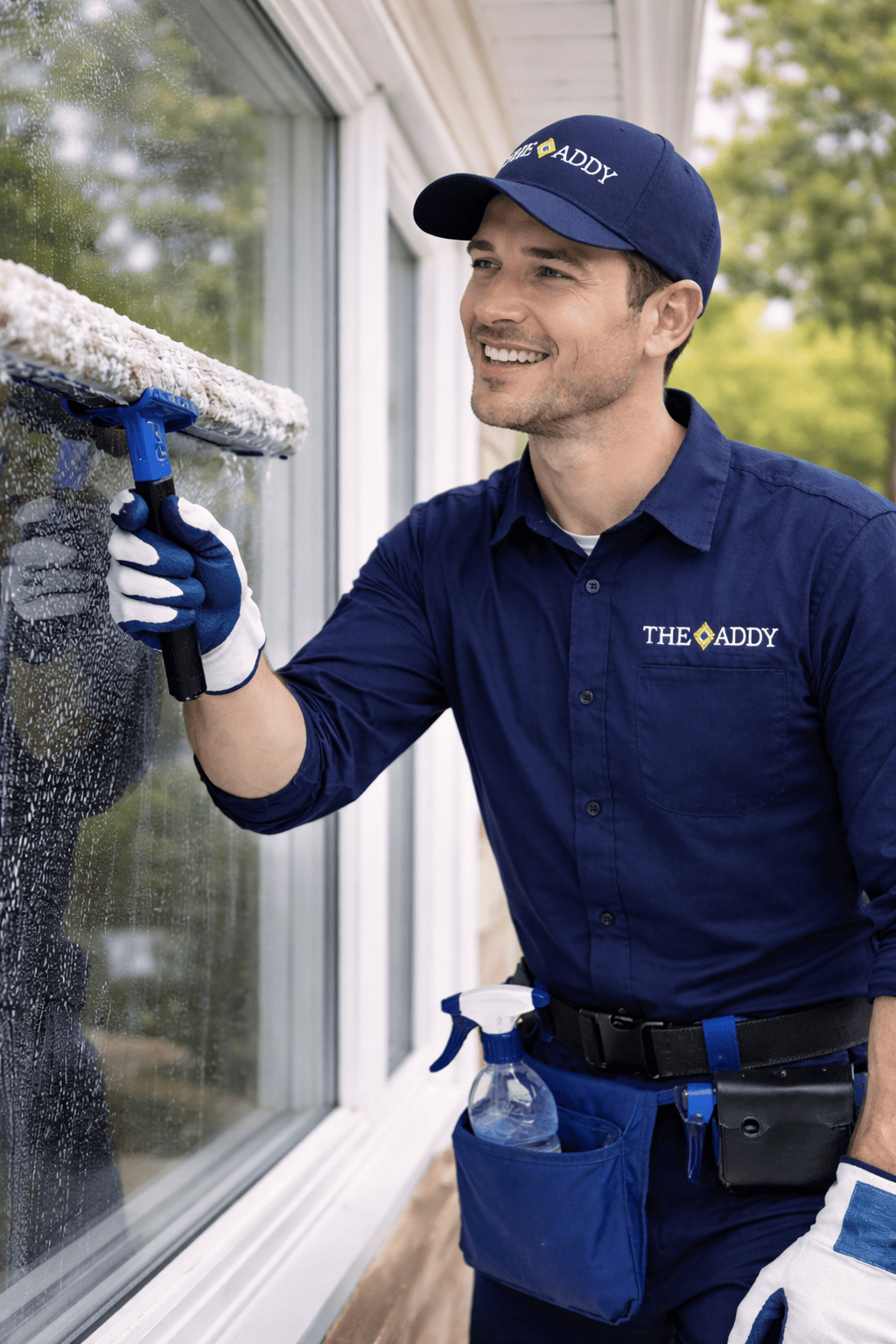 A man cleaning window glass with a squeegee, standing outdoors near a house, wearing a navy uniform with 'The Addy' logo, gloves, and a hat, smiling.