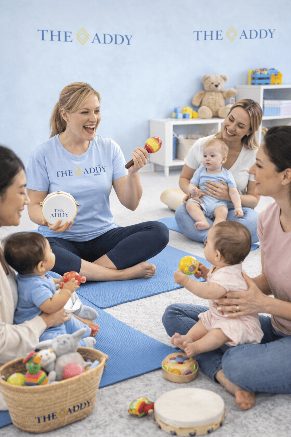 Group of women and children participating in a music class in a playroom, with toys and plush animals, led by an instructor holding a maraca and drum, all sitting on blue mats.