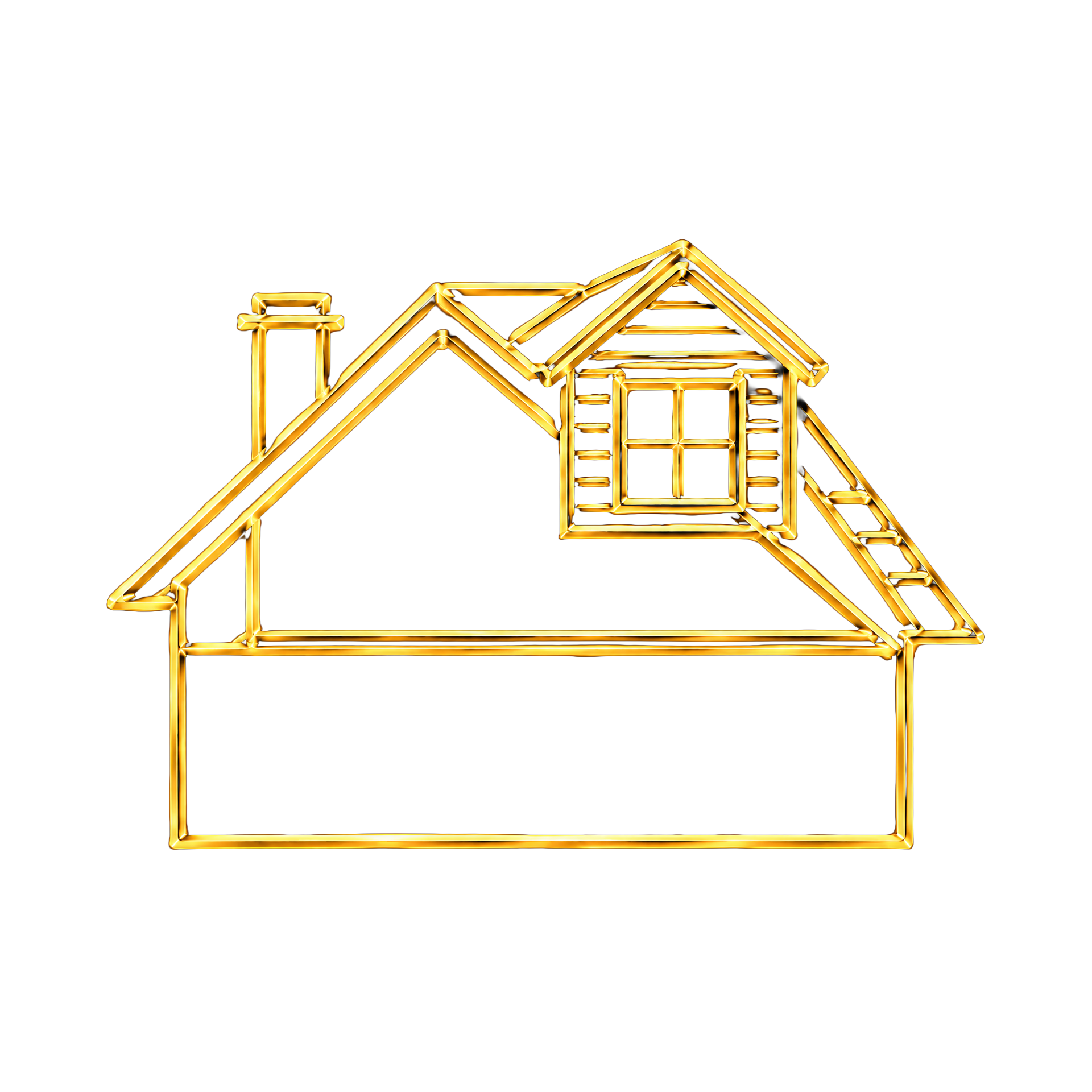 Gold neon outline of a house with a chimney and window on a black background.