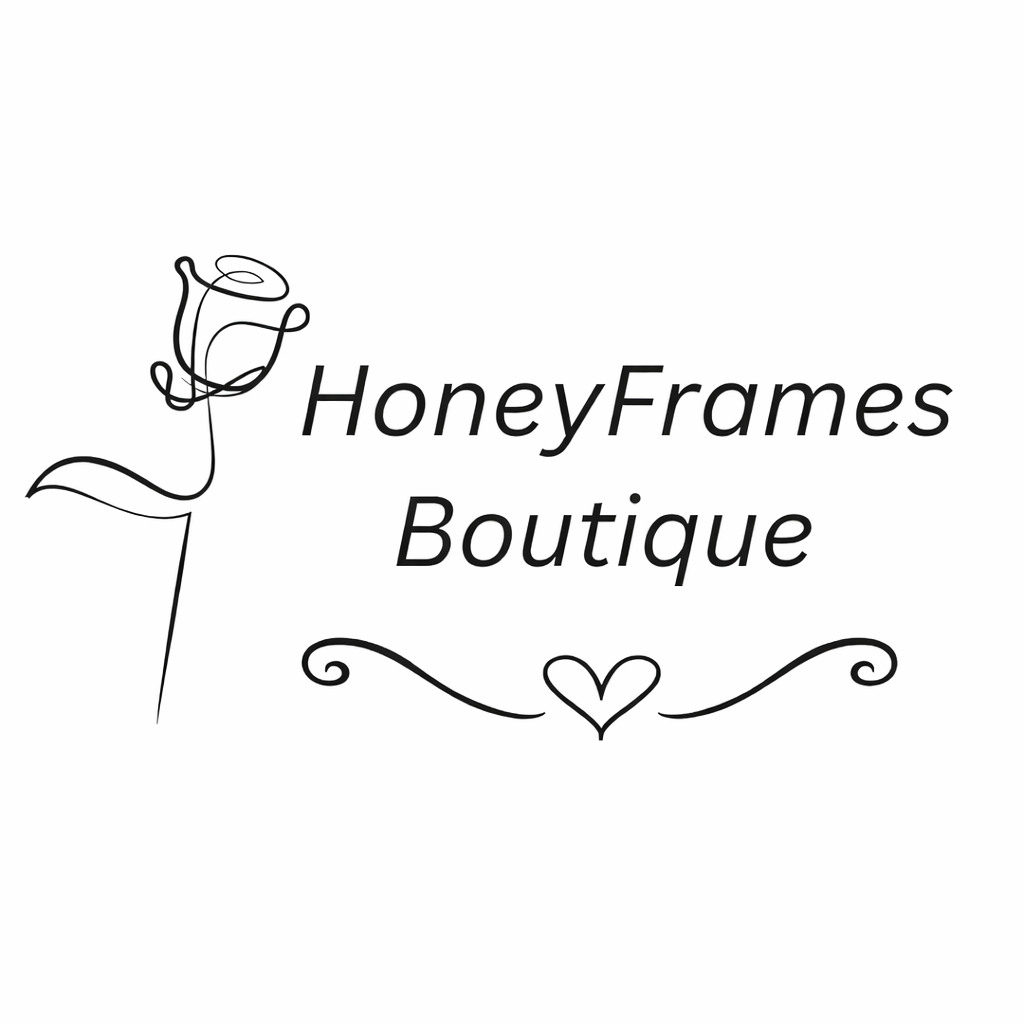 Logo for HoneyFrames Boutique with a minimalist line drawing of a rose and a heart.