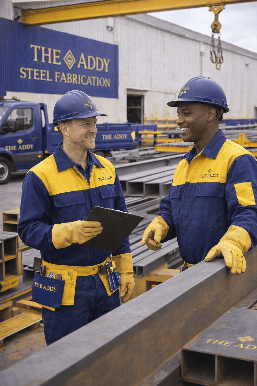 Two workers in yellow and blue uniforms with the logo 'The Addy' on their clothing and safety helmets, smiling and talking in a steel fabrication workshop with steel beams and a truck in the background.