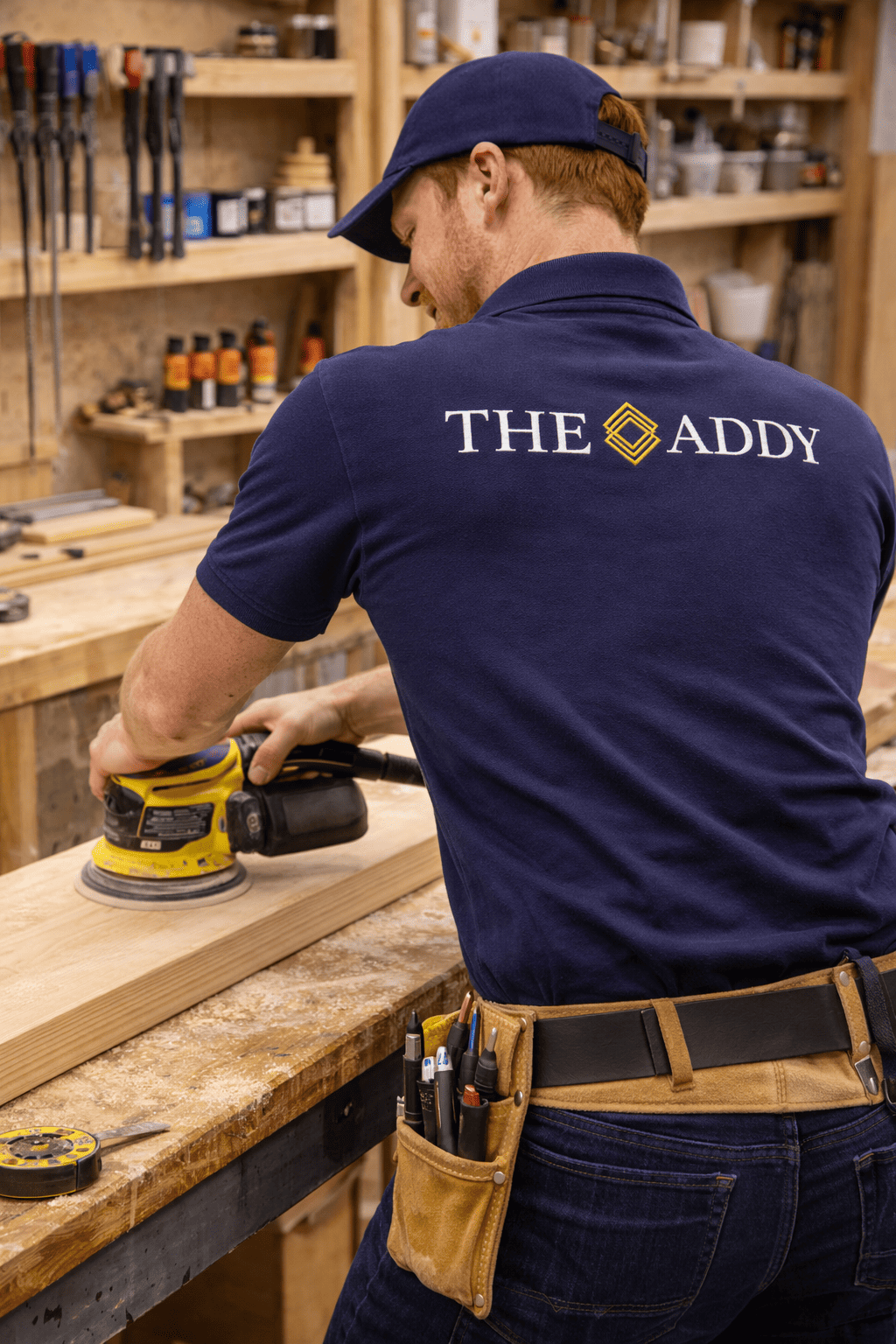 A man in a navy blue T-shirt and cap, sanding a piece of wood with a yellow electric sander in a woodworking workshop.