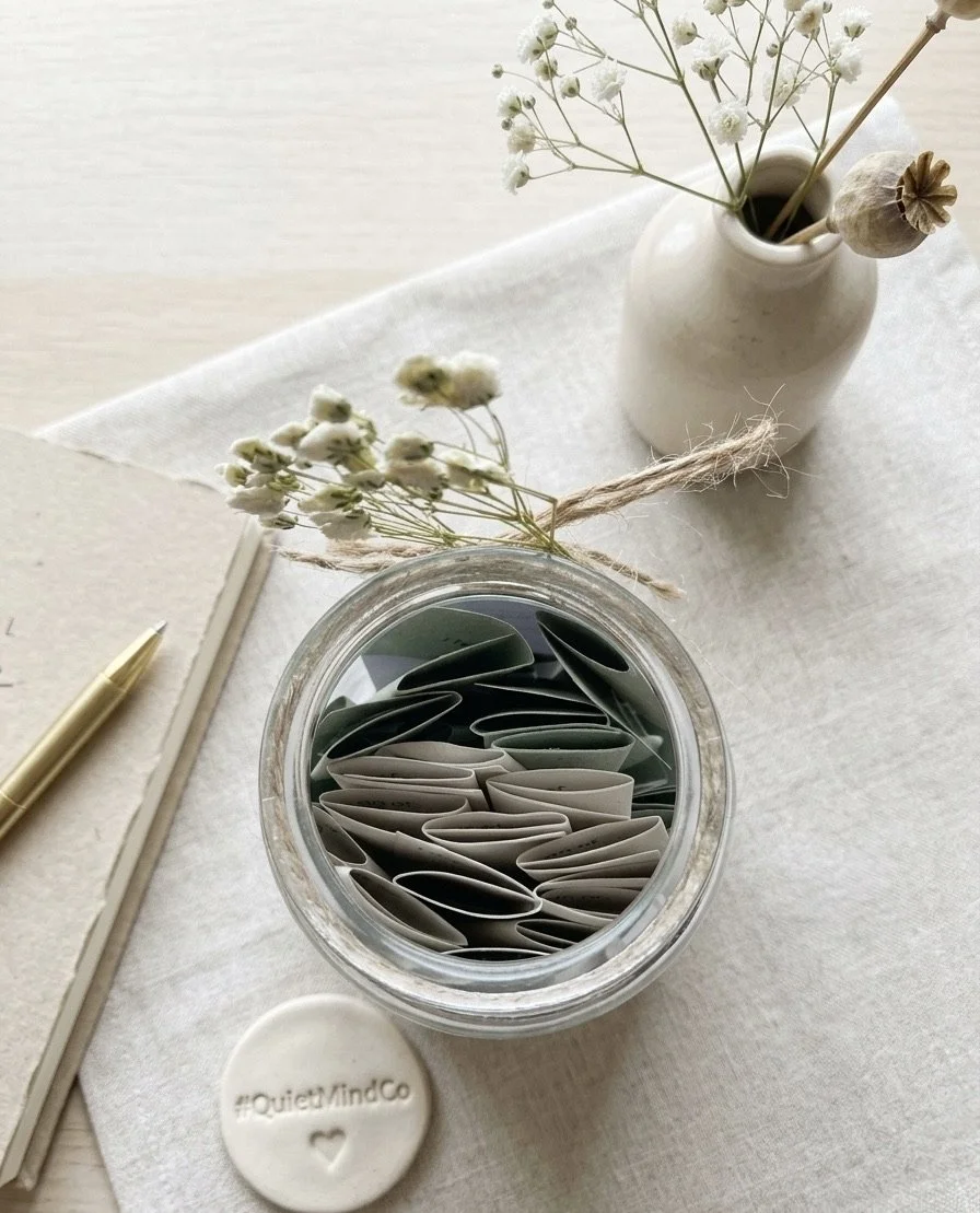 A top-down view of a calm and minimalist workspace with a jar of paper clips, a white vase with dried white flowers, a notebook, and a gold pen, on a white cloth surface.