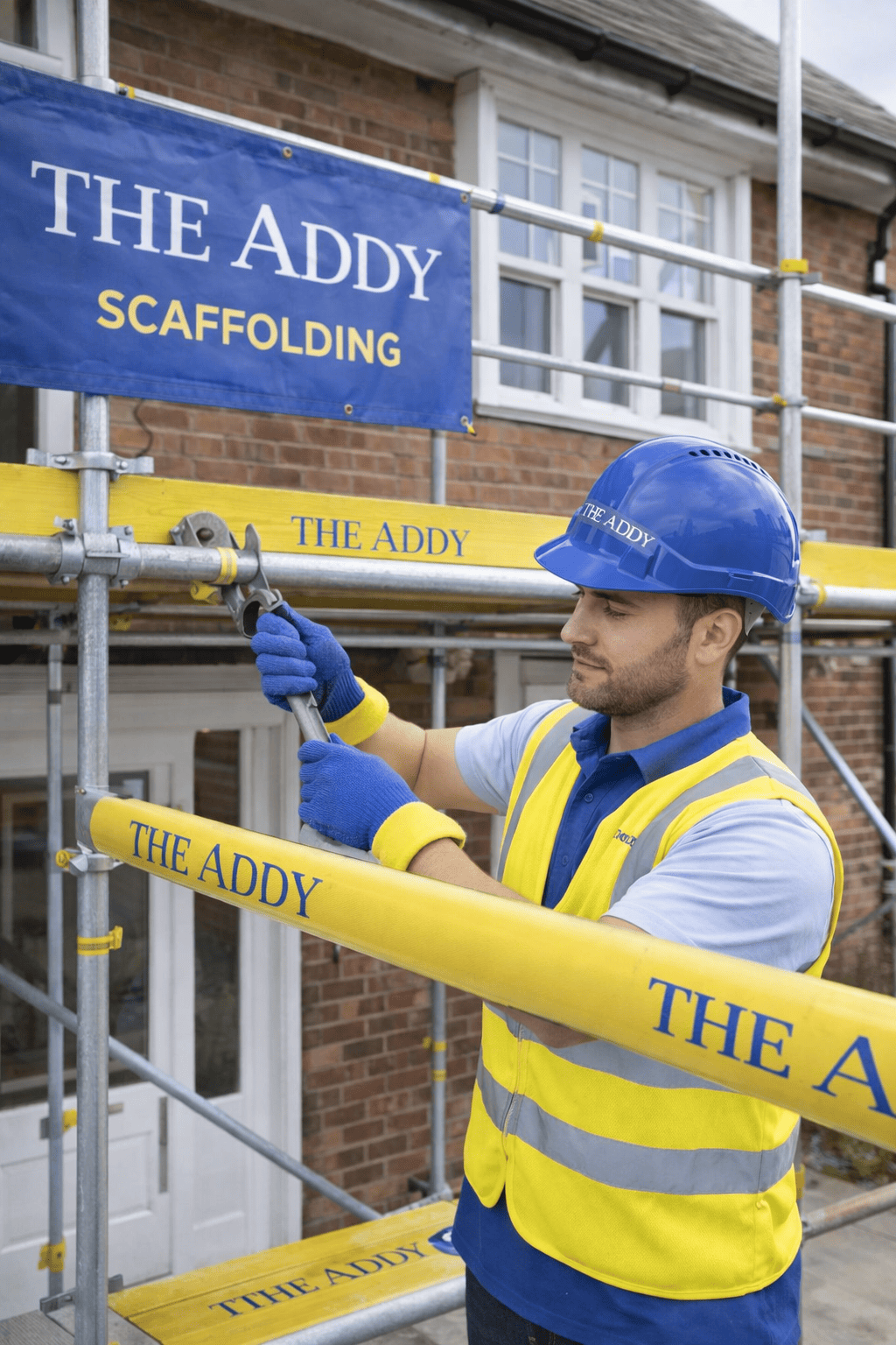 A construction worker wearing a blue helmet, yellow safety vest, and blue gloves working with scaffolding labeled 'The Addy' outside a brick building.