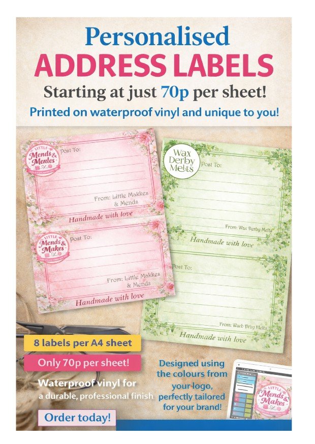 Advertisement for personalized address labels with pink and green designed sheets, priced at 70p per sheet, waterproof vinyl material, eight labels per A4 sheet, featuring logos 'Little Mends & Mends' and 'Wax Derby Melts,' with a call to action to order now.