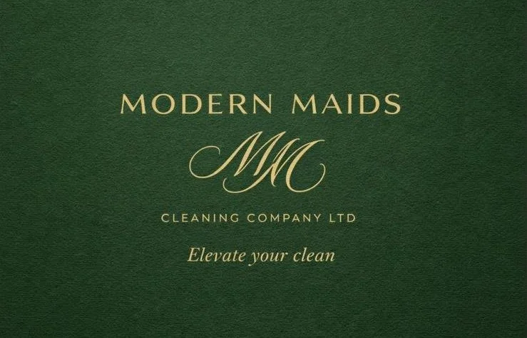 Green background with gold text reading "Modern Maids," logo with "MM," company name "Cleaning Company Ltd," and tagline "Elevate your clean."