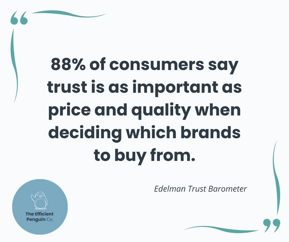 Alt text: "Quote reads: '88% of consumers say trust is as important as price and quality when deciding which brands to buy from.' - Edelman Trust Barometer. The Efficient Penguin Co. logo and teal decorative lines are present."