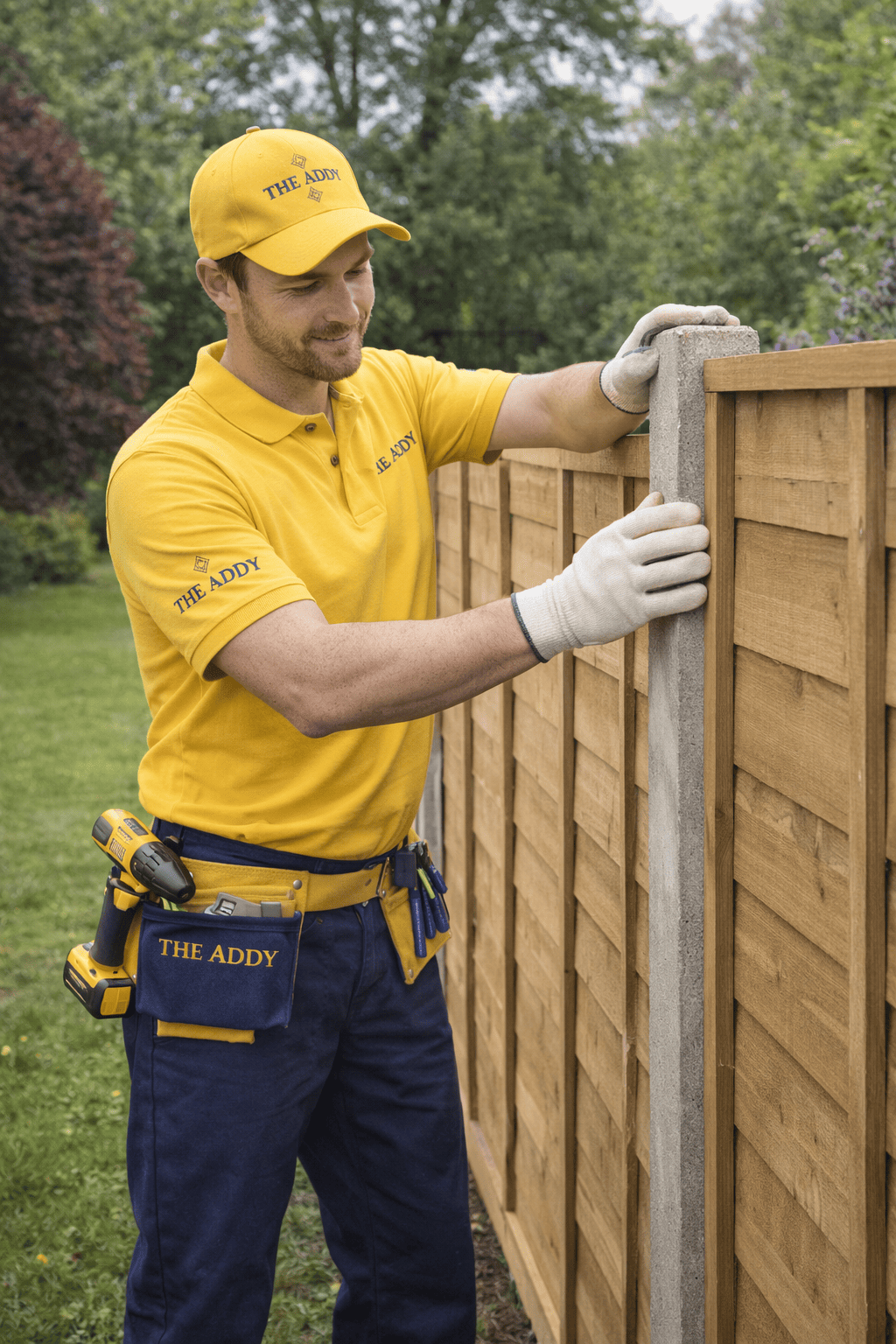 A man wearing a yellow Cap and yellow polo shirt labeled 'The Addy' is installing a wooden fence using a power drill. He is wearing white gloves and standing outdoors in a garden area.