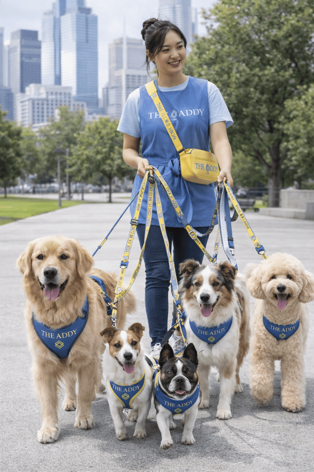 A woman in a blue apron with 'THE ADDY' written on it, walking six dogs in a park with a city skyline in the background. The dogs are wearing matching blue harnesses and yellow leashes with 'THE ADDY' printed on them.