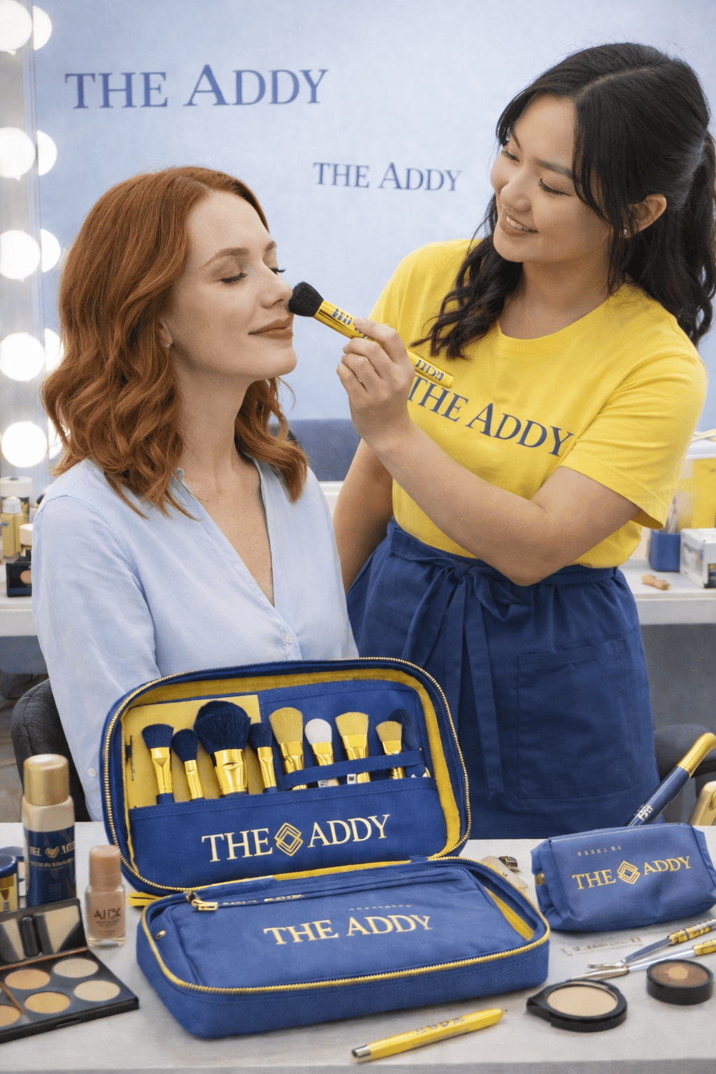 A makeup artist applies foundation with a brush to a red-haired woman wearing a light blue shirt, sitting in a dressing room. There are makeup products and tools on the table, with a blue and yellow makeup kit and pouches labeled 'The Addy' in front.