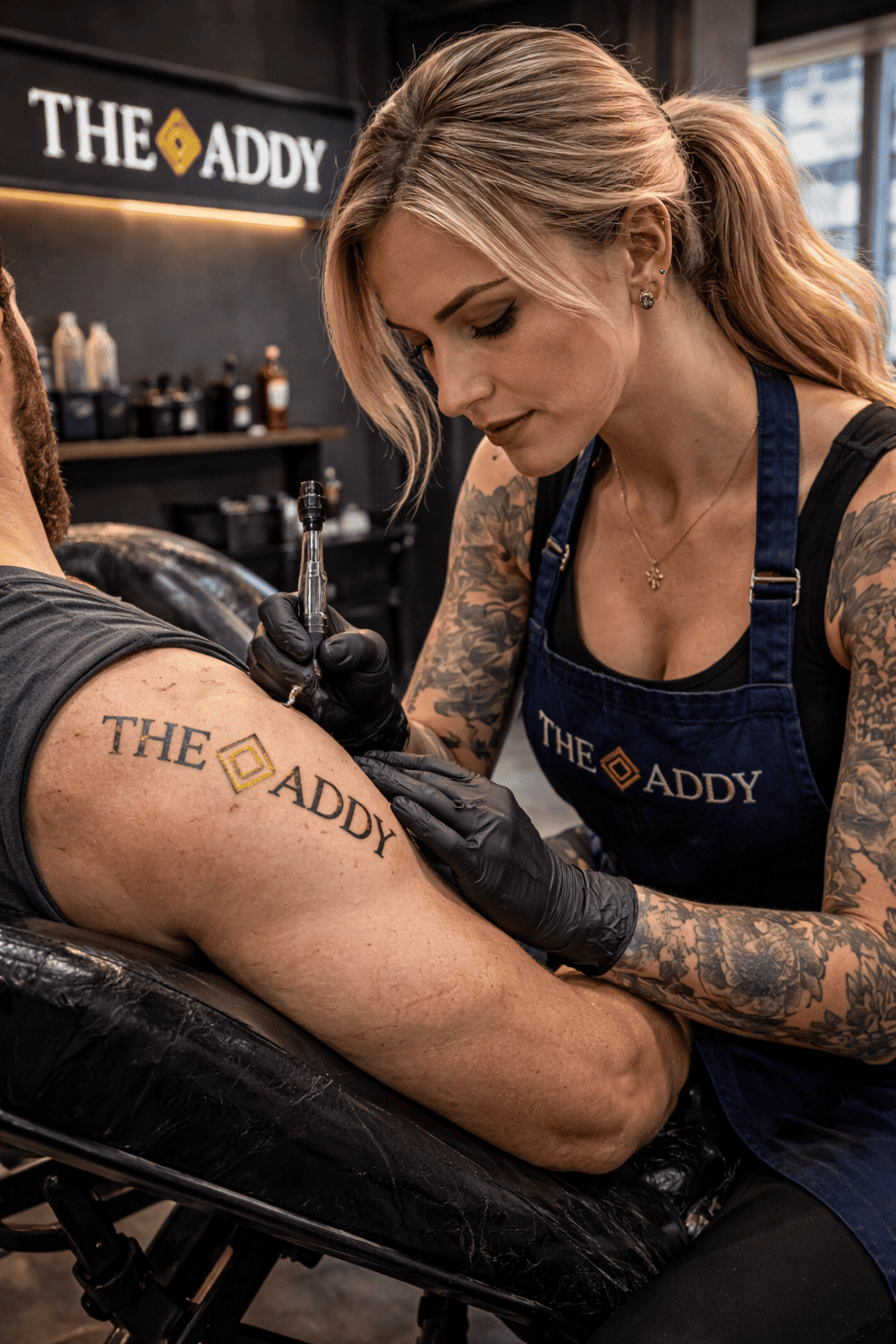 A woman with tattoos is tattooing a design that says 'THE ADDY' on a man's arm in a tattoo shop. She is wearing a navy apron with the same phrase and has blonde hair pulled back.